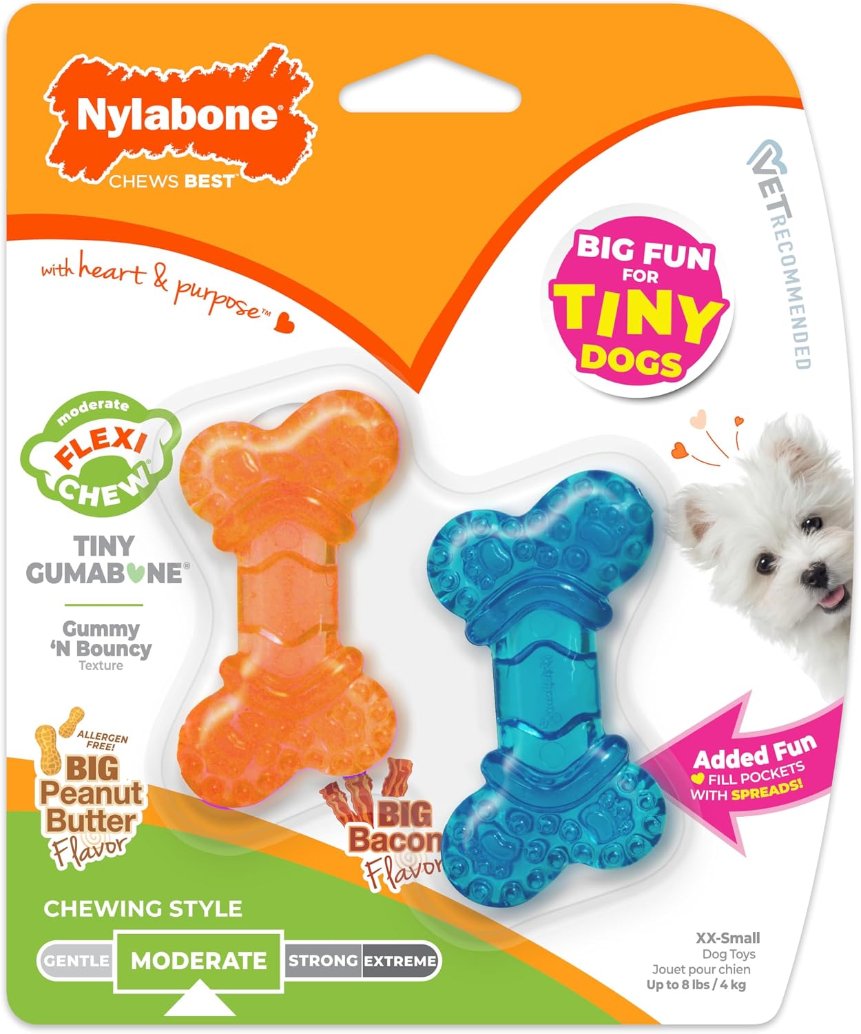 Nylabone Flexi Chew Tiny Gumabone Dog Chew Toys, XX-Small, 2 Count | Peanut butter & bacon flavor, x-small breeds, flexible material, fill with treats