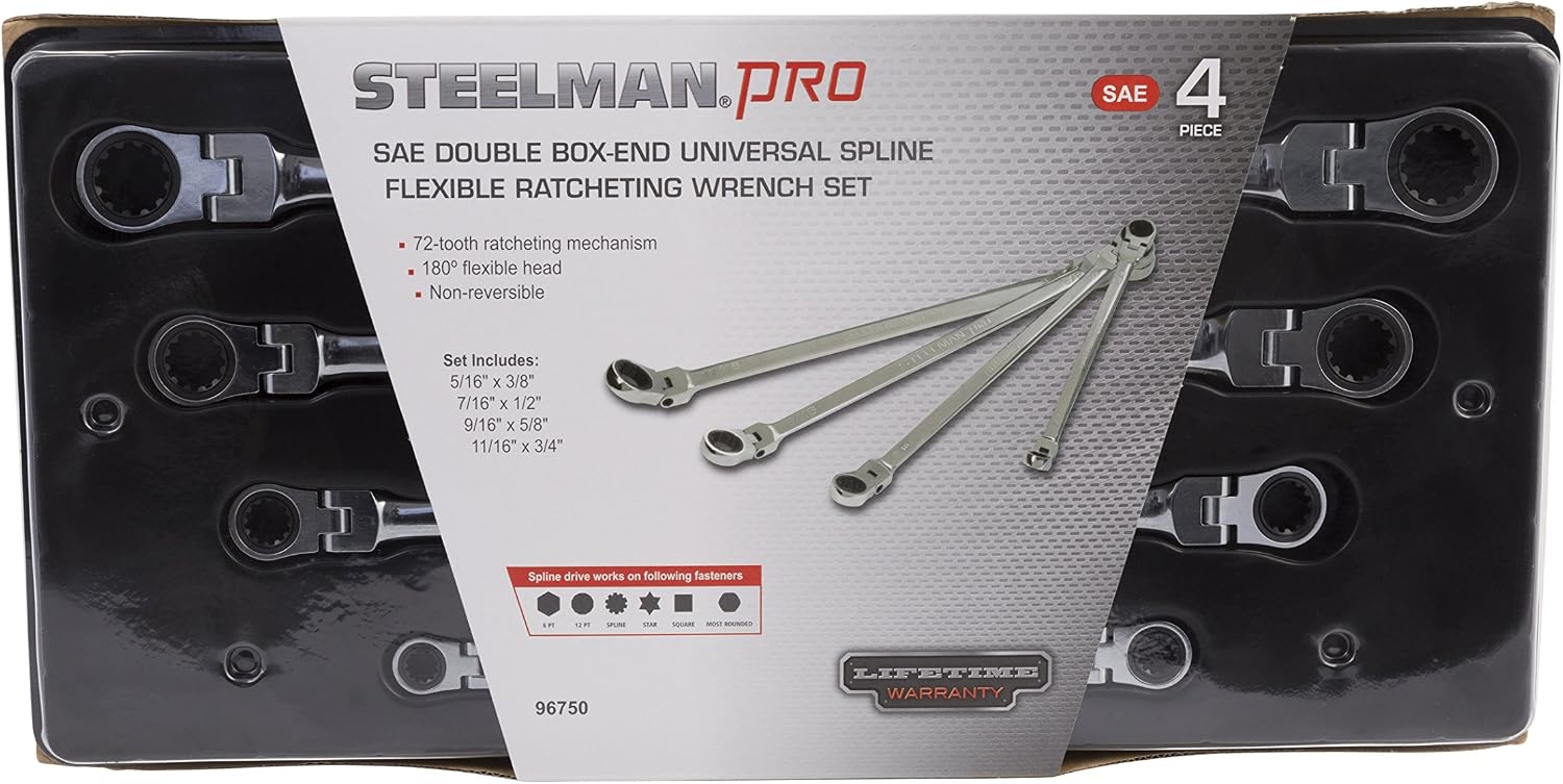 Steelman Pro Flexible Double Box-End Universal Spline Reversible Ratcheting Wrench Set, 72-Tooth Mechanism, 4-Piece SAE