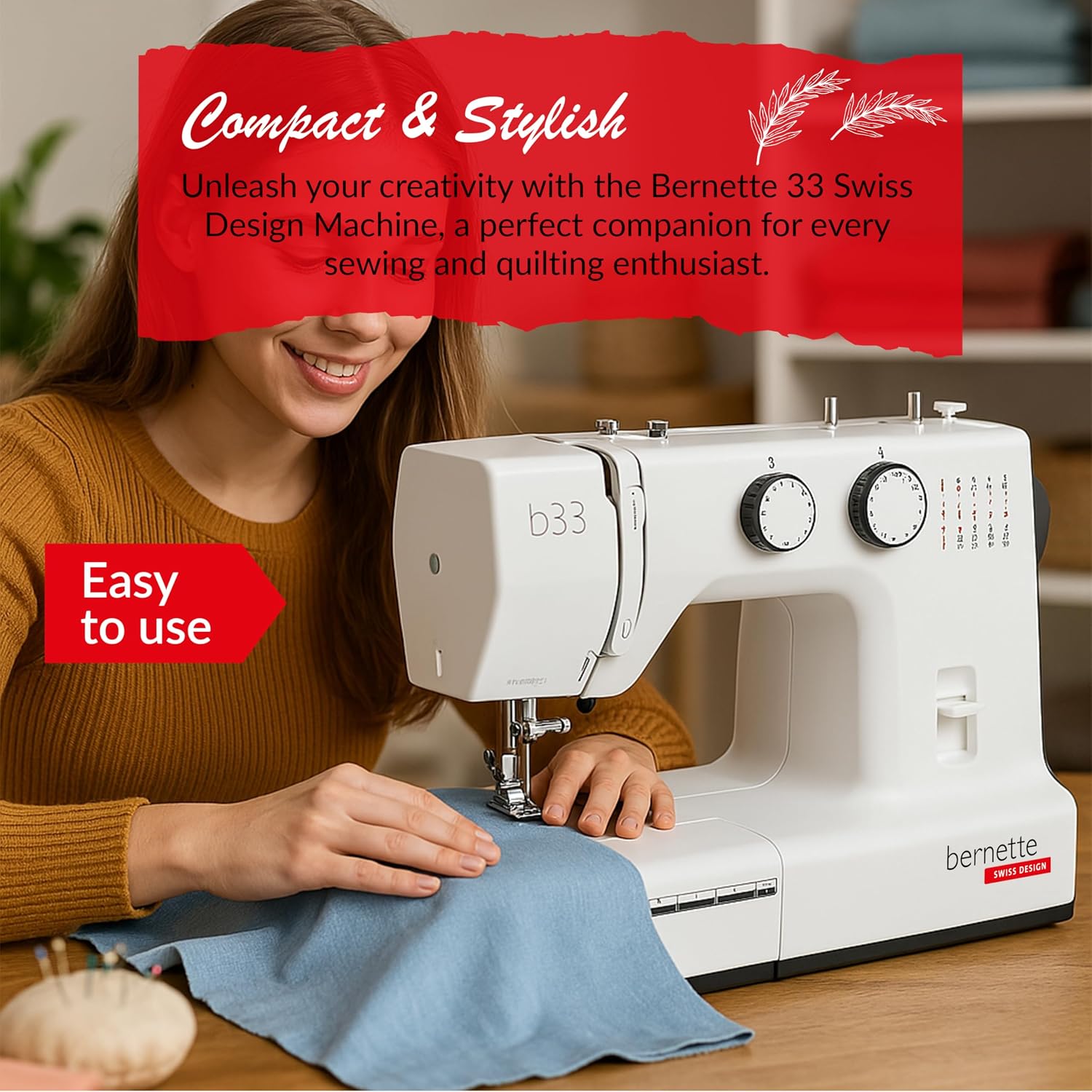 Bernette B33 Swiss Design Sewing Machine | Mechanical, Heavy-Duty, Portable, 15 Built-In Stitches, 5mm Stitch Width, Front-Loading Bobbin