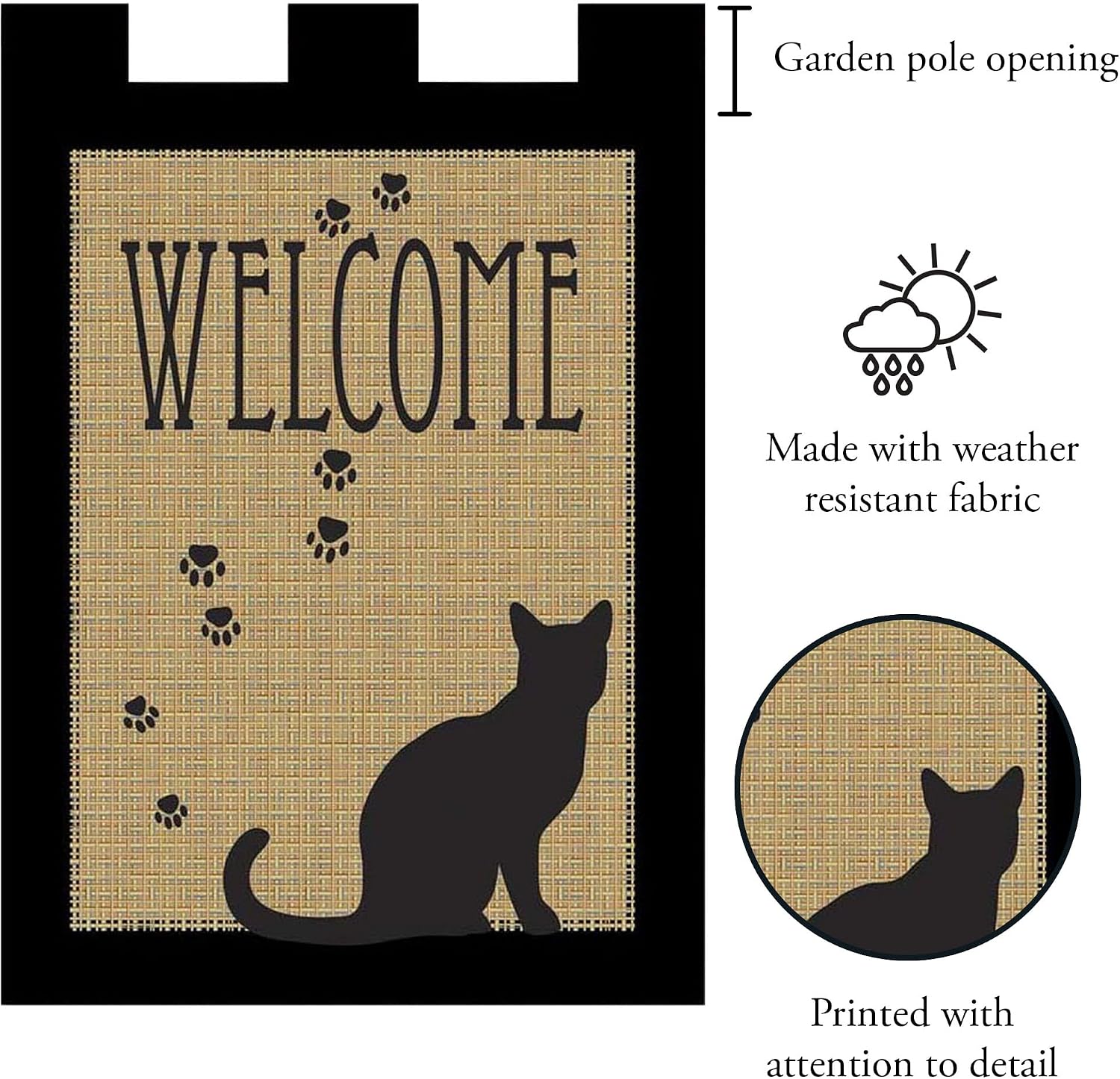 Welcome Black Cat Silhouette Paws Burlap 18 x 13 Rectangular Applique Tab Top Small Garden Flag