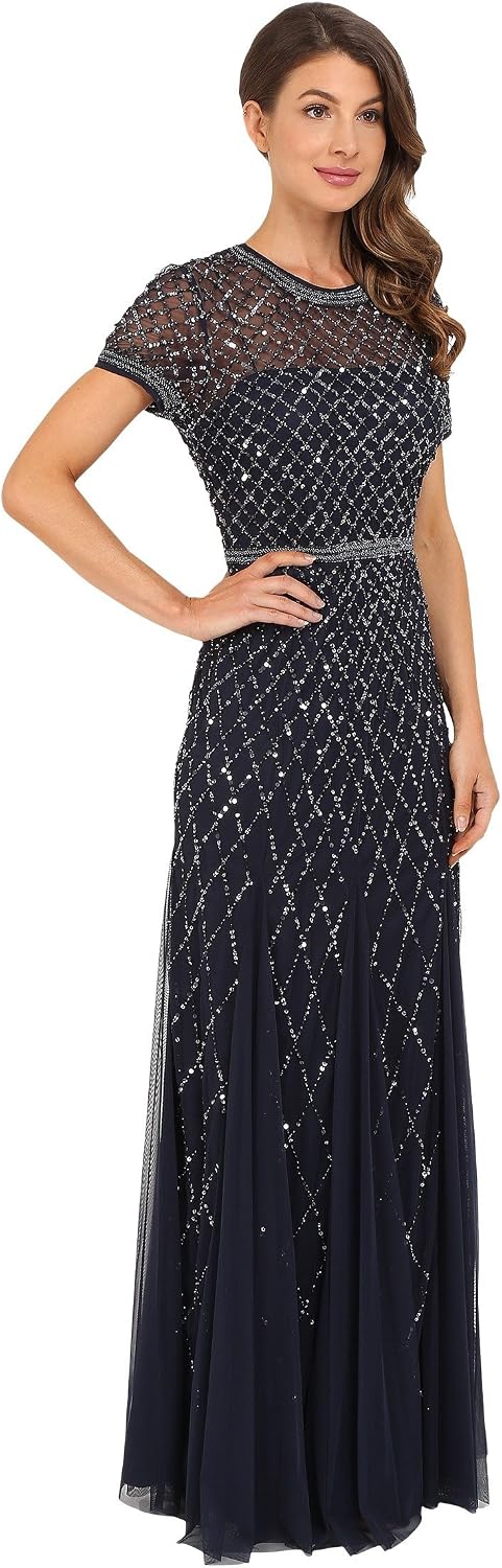 Adrianna Papell Womens Short-Sleeve Grid Beaded Gown