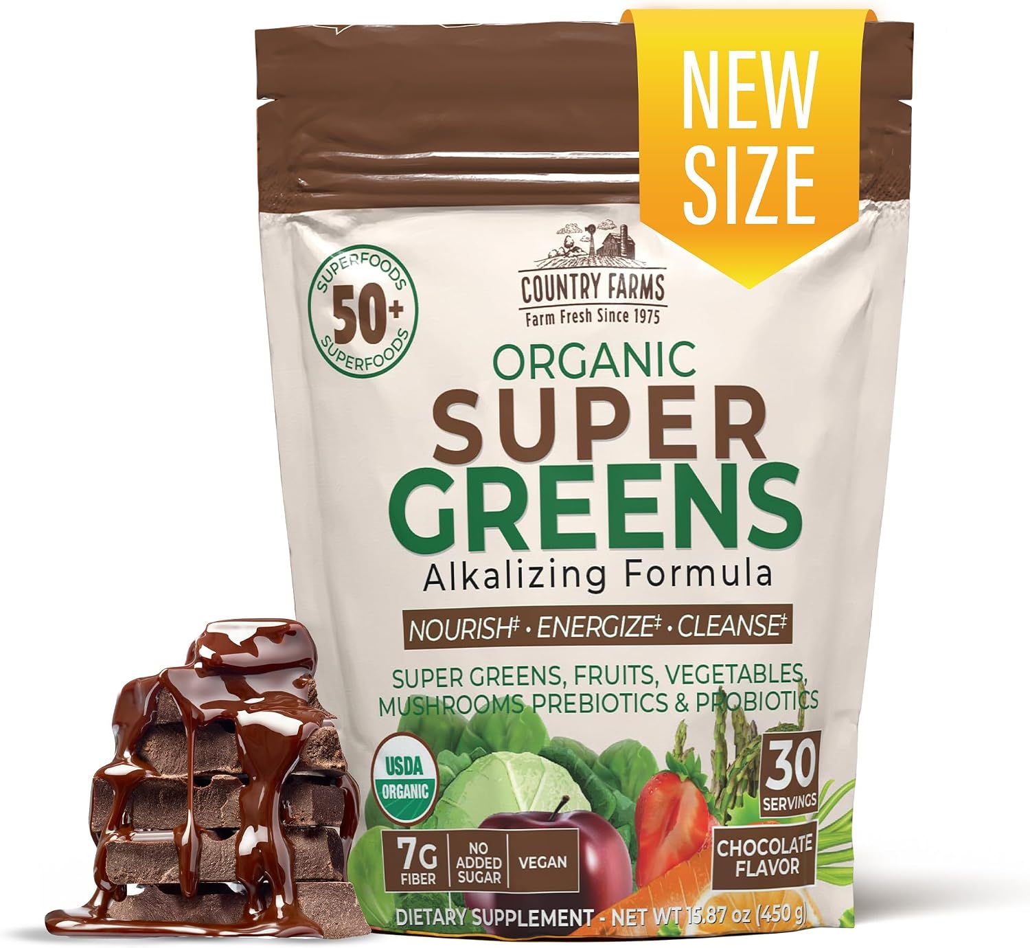 Country Farms Organic Super Greens Powder, Daily Greens Drink Mix with 50 Organic Superfoods, Fruits, Vegetables, Fiber, Mushrooms & Probiotics for Gut Health, Digestion & Energy, Berry Flavor