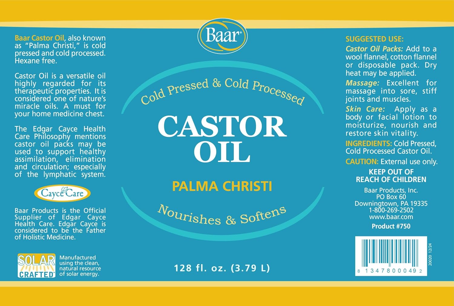 Baar Cold-Pressed Castor Oil, Cold-Processed, Hexane-Free, Palma Christi, for Skin, Hair, Massage & Castor Oil Packs, BPA-Free Bottle, 32 oz | Hexane free, Palma Christi oil, BPA-free bottle, skin, hair and massage applications