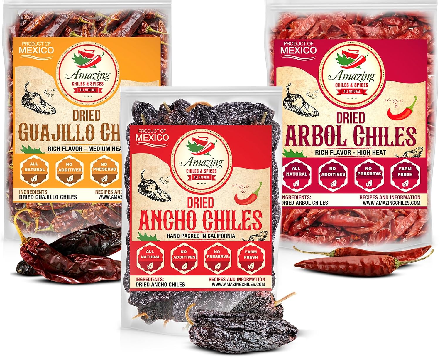 Dried Chile Peppers Variety Pack 3x4oz Ancho Arbol Guajillo Mexican Chili