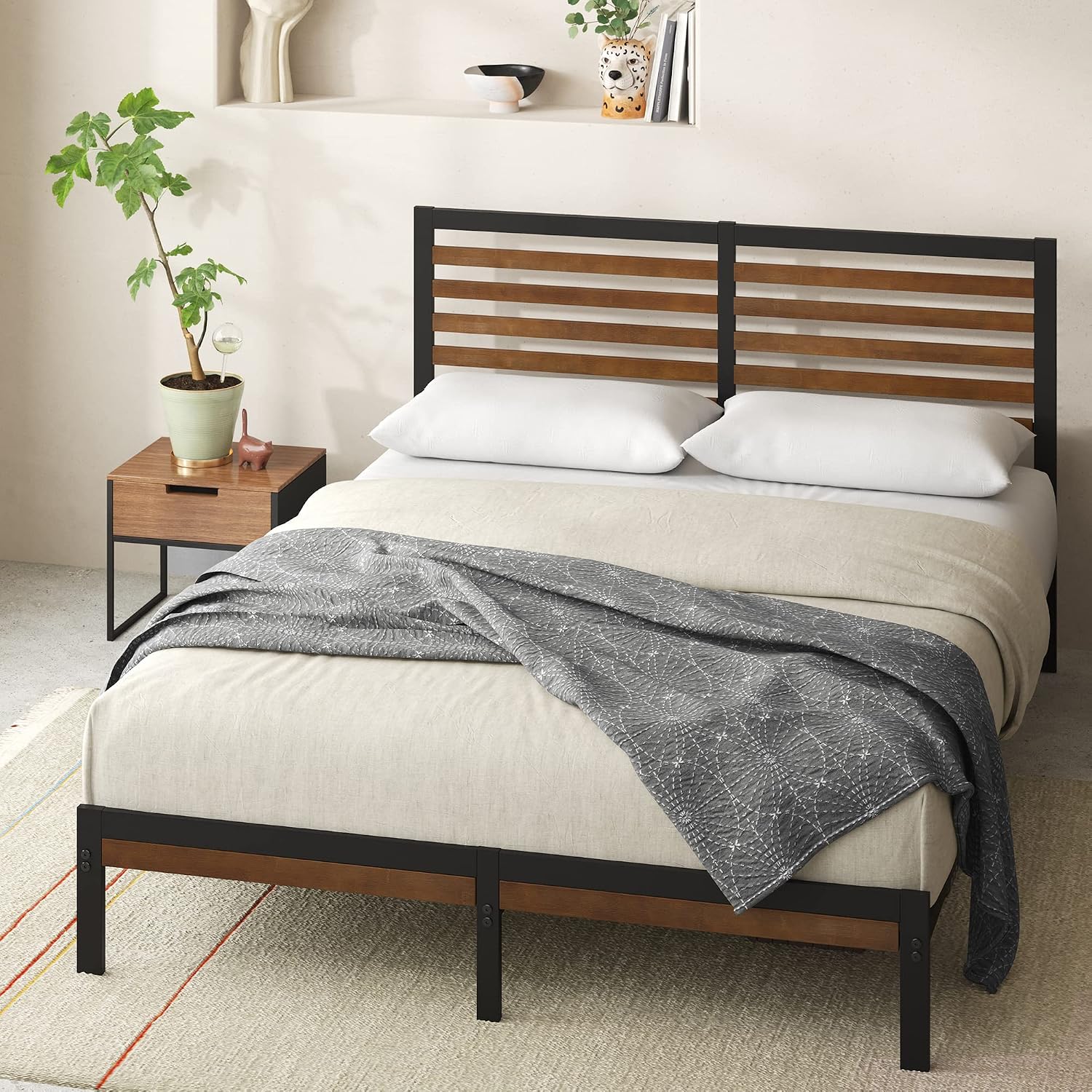 Zinus Kai Platform Bed Frame, RGB LED Lights, No Box Spring Needed, Full | Two-Tier Headboard for Space-Saving Storage, Built-in USB Charging Station, Soft Ambient Night Light