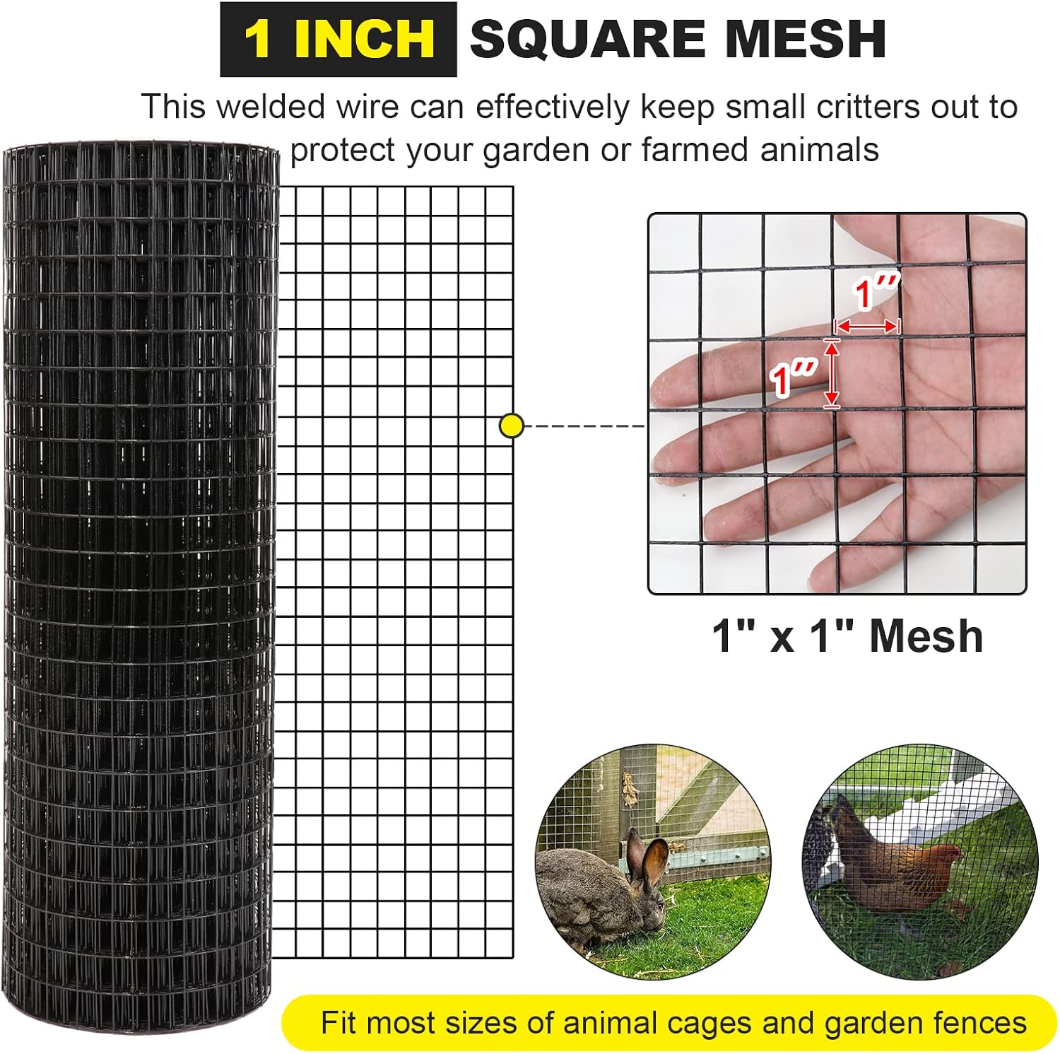 24'' x 50' 1inch Hardware Cloth 16 Gauge Black Vinyl Coated Welded Fence Mesh for Home and Garden Fence and Home Improvement Project (24'' x 50')