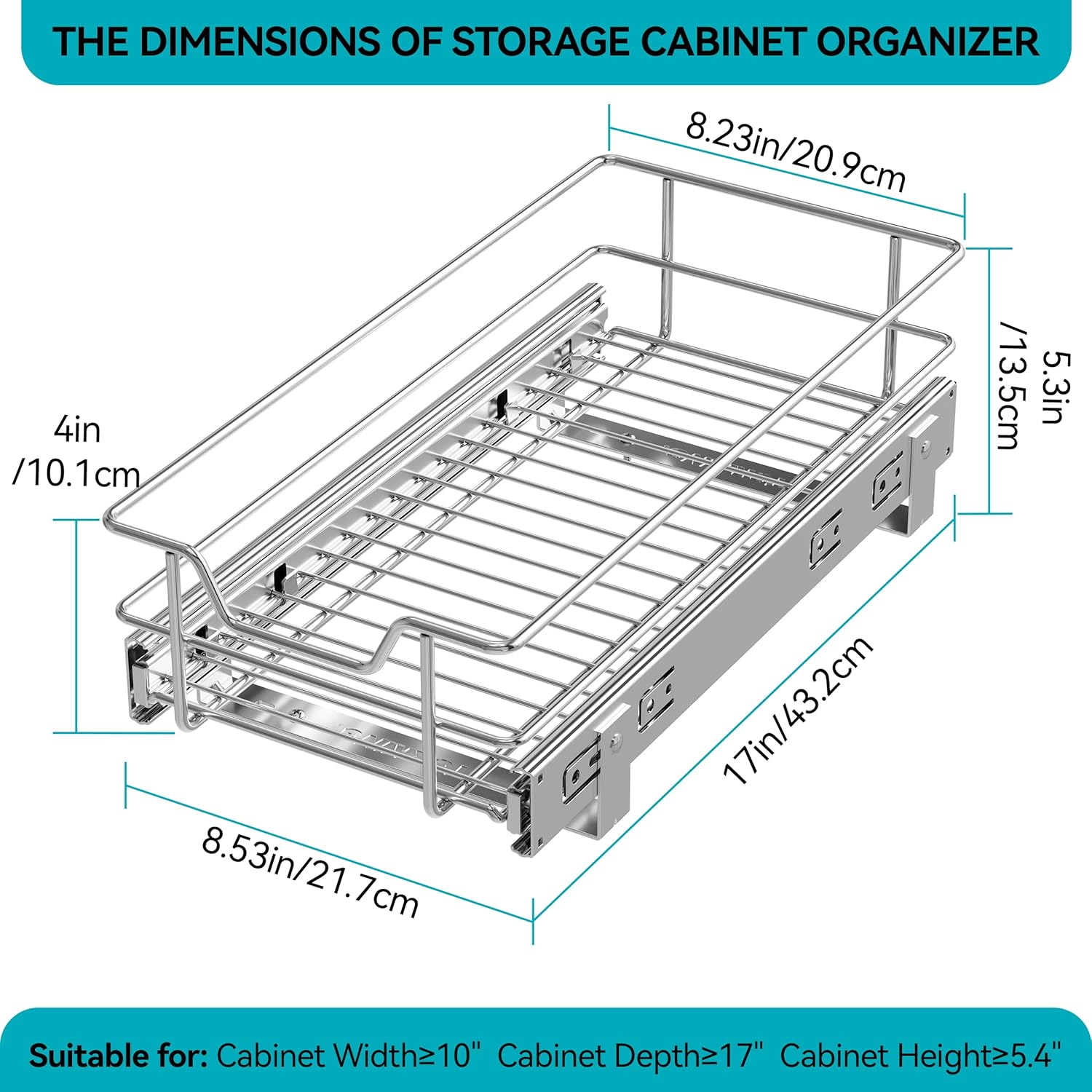 2 Tier Pull Out Cabinet Organizer 11" W X 22" D, Chromed, Full Slide Out