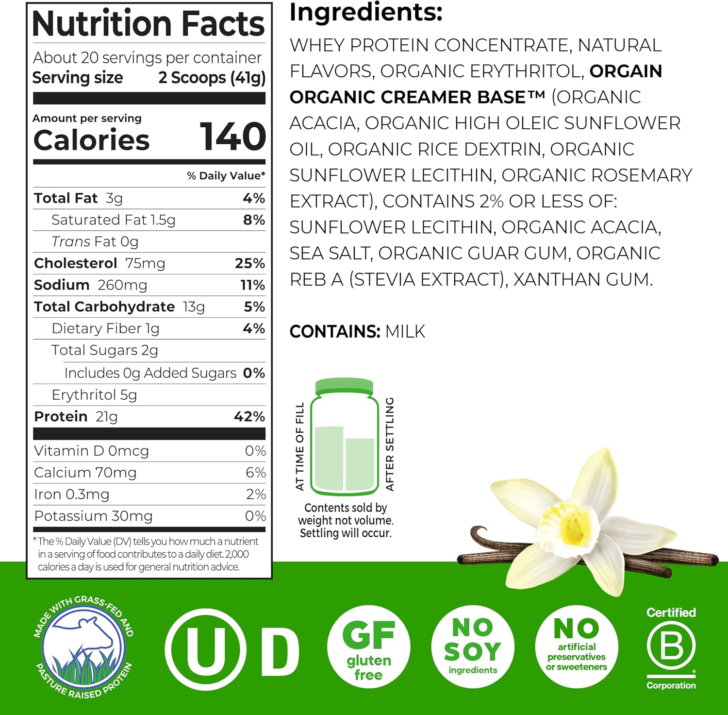 Orgain 21g Grass-Fed Whey Protein Powder, 5g BCAAs, Chocolate, 1.82lb | Dairy protein, 5g BCAAs, 4g prebiotic fiber, no sugar added, no added hormones, gluten free, kosher, for shakes & smoothies