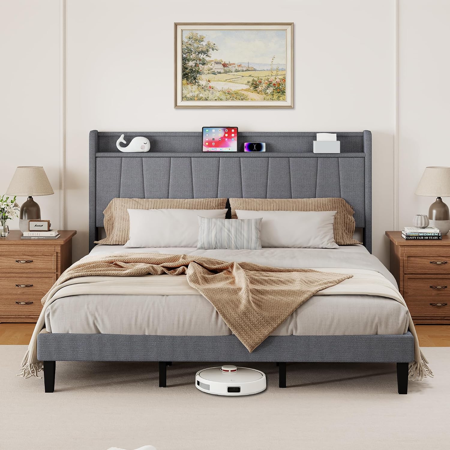 King Size Bed Frame with Headboard, Platform Bed with Upholstered Wingback Storage Headboard, Slats Support, No Box Spring Needed Beige
