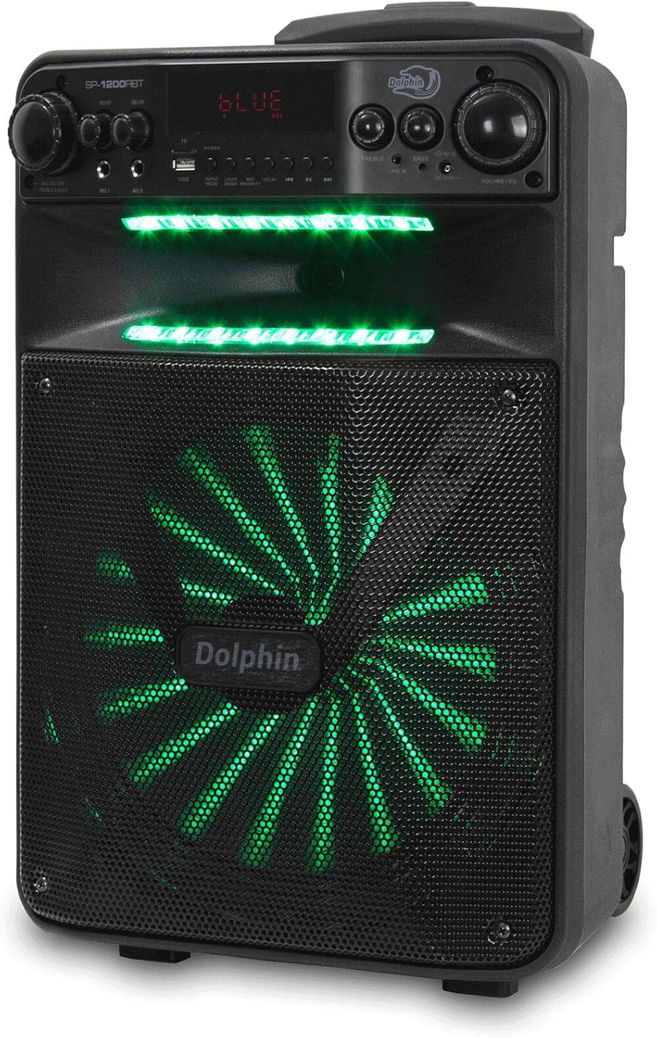 Dolphin Large Bluetooth Party Speaker, 12" Woofer | 80W Output, App Control, LED Light Show, USB, TF, FM & AUX Inputs, 2000mAh Battery, Dual Mic Jacks