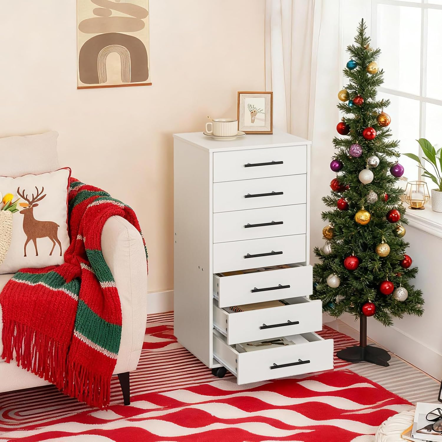 HOOBRO 7-Drawer File Cabinet, Wooden Office Cabinet with Drawers, Mobile Storage Filing Drawer for Home Office, Study, Easy Assembly, White WT07WJ01