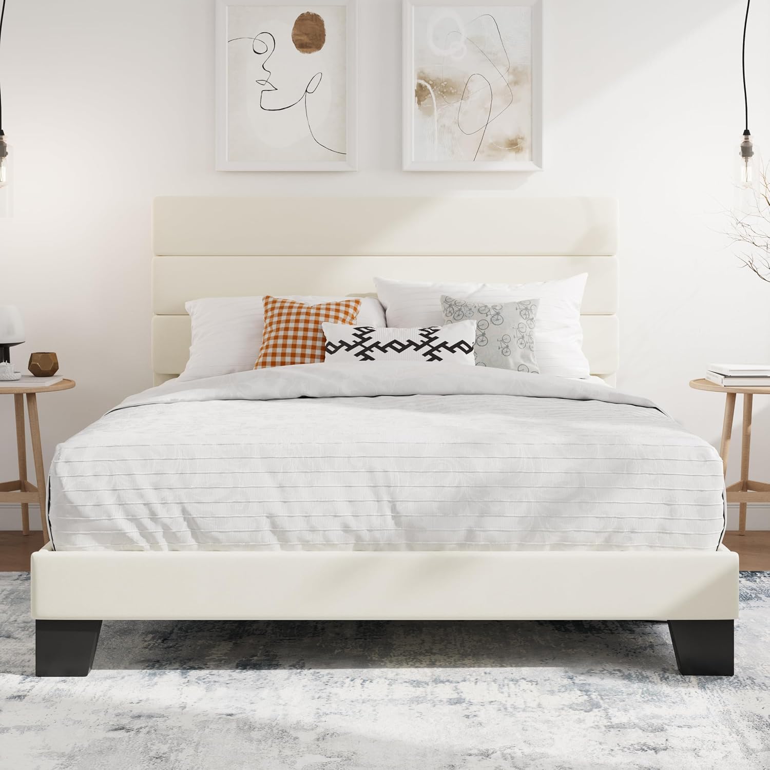 SHA CERLIN Full Platform Bed Frame with Upholstered Fabric Headboard, Grey