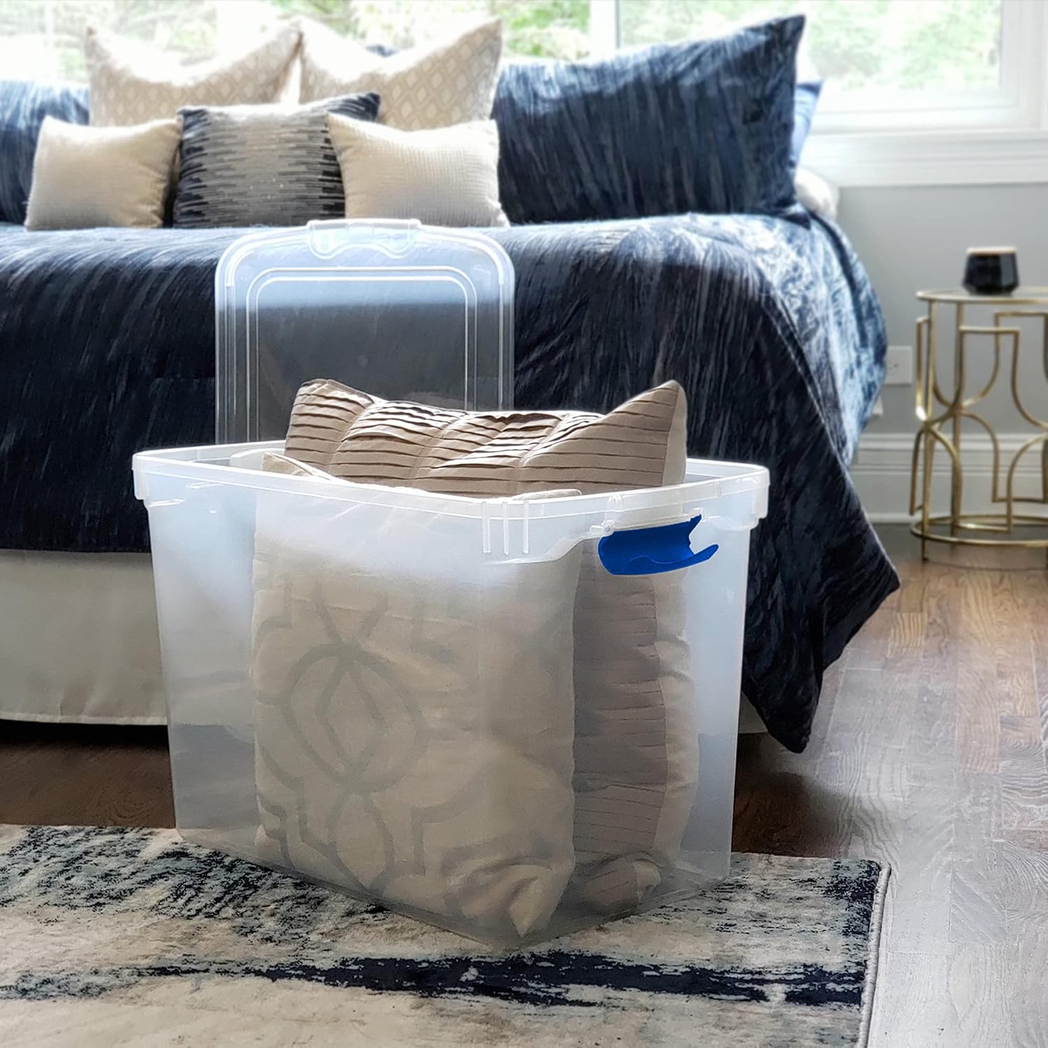 HOMZ Clear Plastic Storage Bins with Latching Lid, 15.5 Qt, Blue, 4 Pack | Stackable Container Set for Home, Office Shelves, Kitchen, Garage, and Bathroom Organization