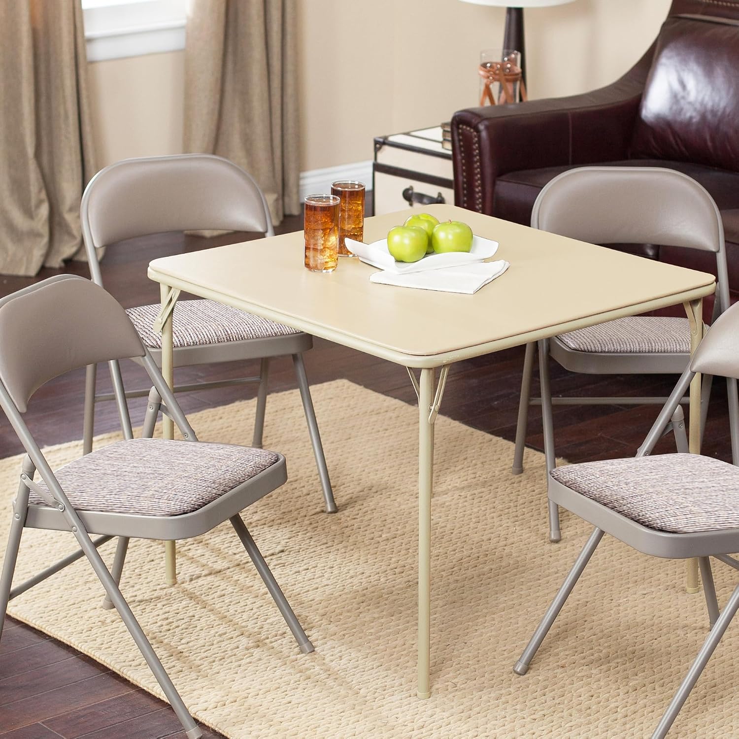 Sudden Comfort 34 by 34 Inch Portable EZ Slide Leg Lock Square Metal Padded Vinyl Top Folding Dining Card Table in Buff Tan