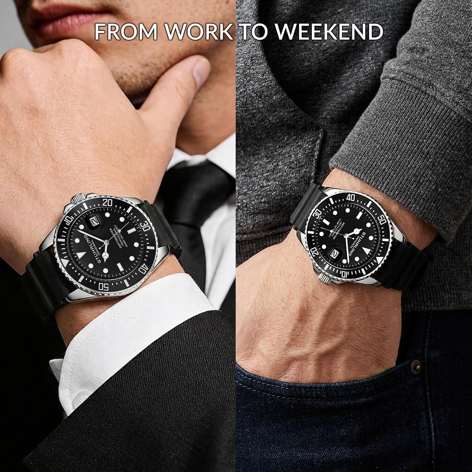 Stuhrling Original Men’s Dive Watch 42mm Stainless Steel, Japanese Quartz Mens Sport Watch, Rubber Strap, Water Resistant to 330 FT, Versatile and Comfort Fit