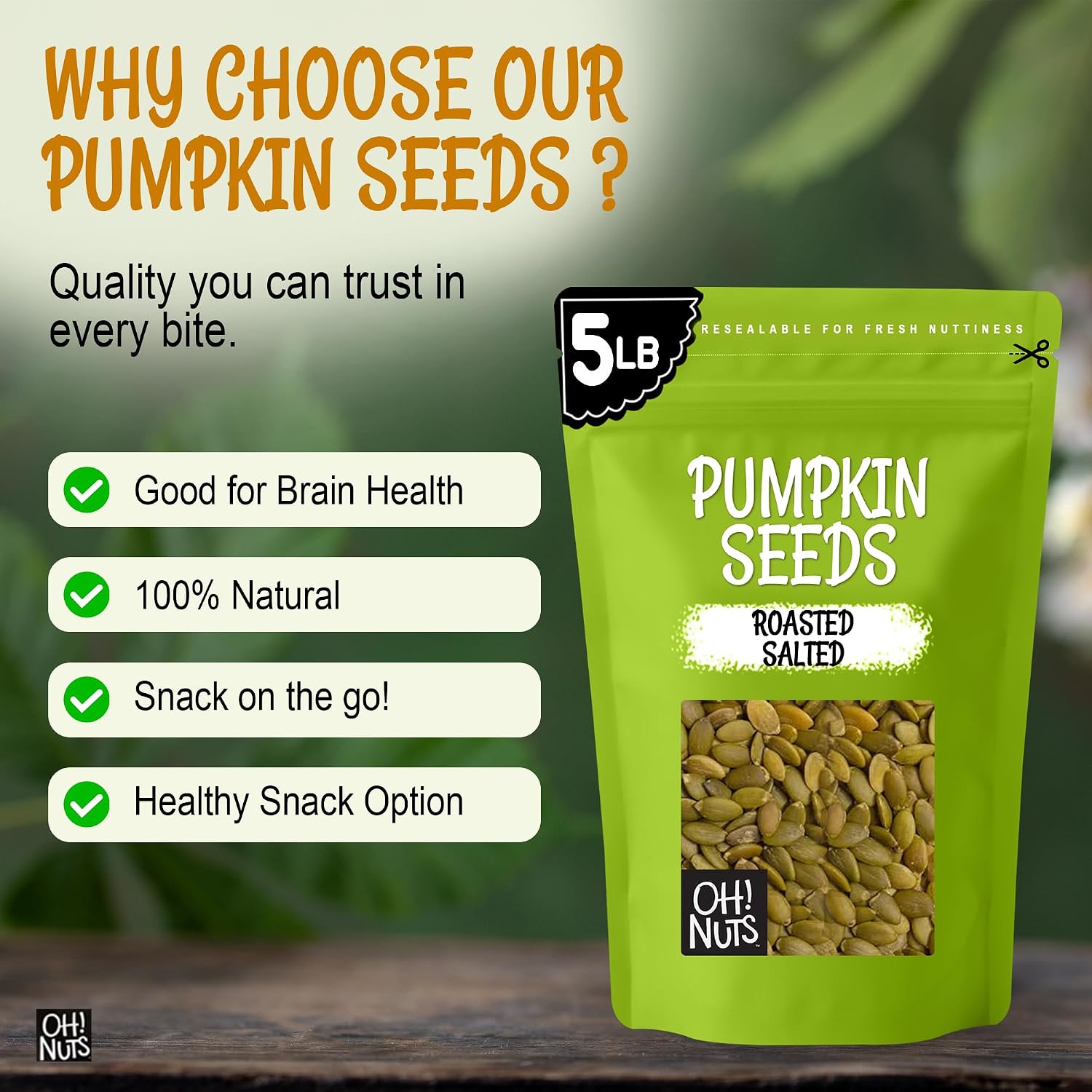 Oh! Nuts Roasted Pumpkin Seeds Salted Pepitas No Shell 2 Pound | Roasted salted pumpkin seeds no shell - Premium pepitas packed in NY - Resealable zip bag for freshness