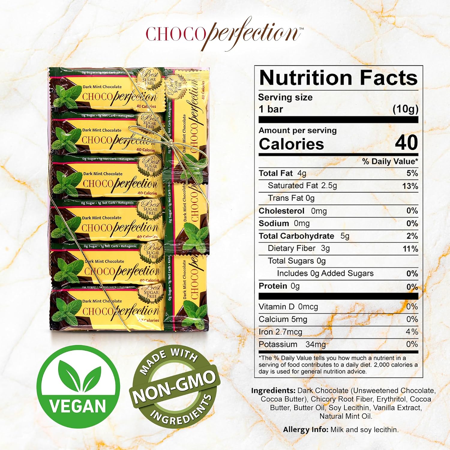 ChocoPerfection Dark Mint Chocolate Bars - Sugar Free Dessert- 30 Pack 10G