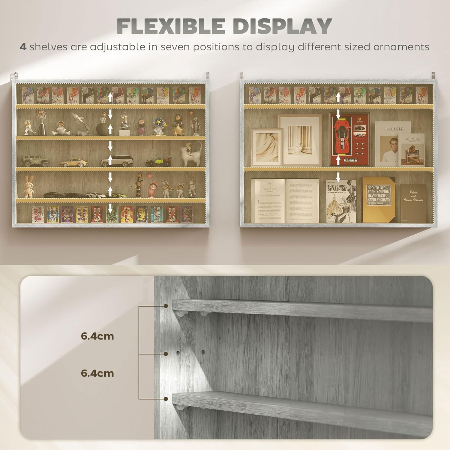HOMCOM 5-Tier Display Cabinet, Glass Door Cabinet with Adjustable Shelves, Wall-Mounted Display Case for Playroom, Bedroom, Black