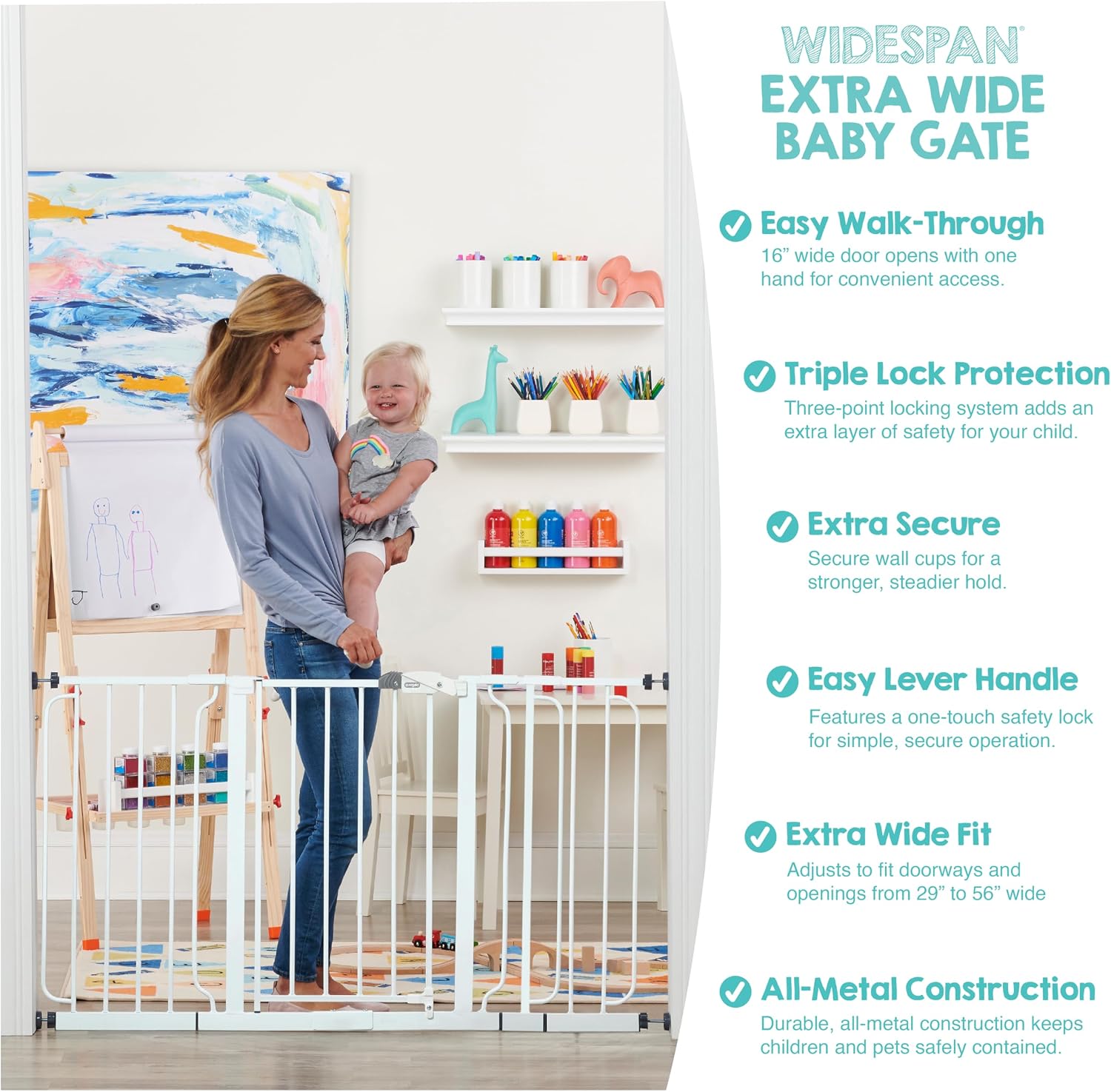 Regalo Safety 29"-49" Extra Wide Baby Gate, Bottom of Stairs & Doorways | Pressure Mounted with Door, For Babies, Toddlers & Pets, White, Tested & Trusted for 30 Years