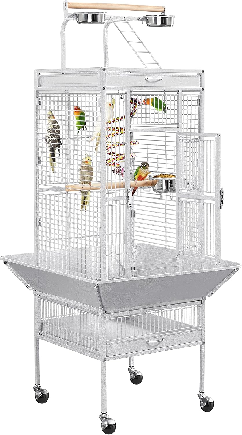 Yaheetech Wrought Iron Bird Cages, Play Top Large Aviary with Stand for Cockatiel Parrot Sun Parakeet Conures Lovebird Budgie Finch African Grey White, 61-inch