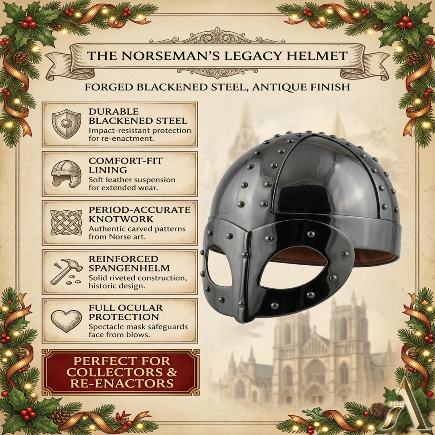 AnNafi® Black Plated Antique Medieval Viking Mask Helmet, Premium Quality Soldier Helm Adult with Liner & Strap