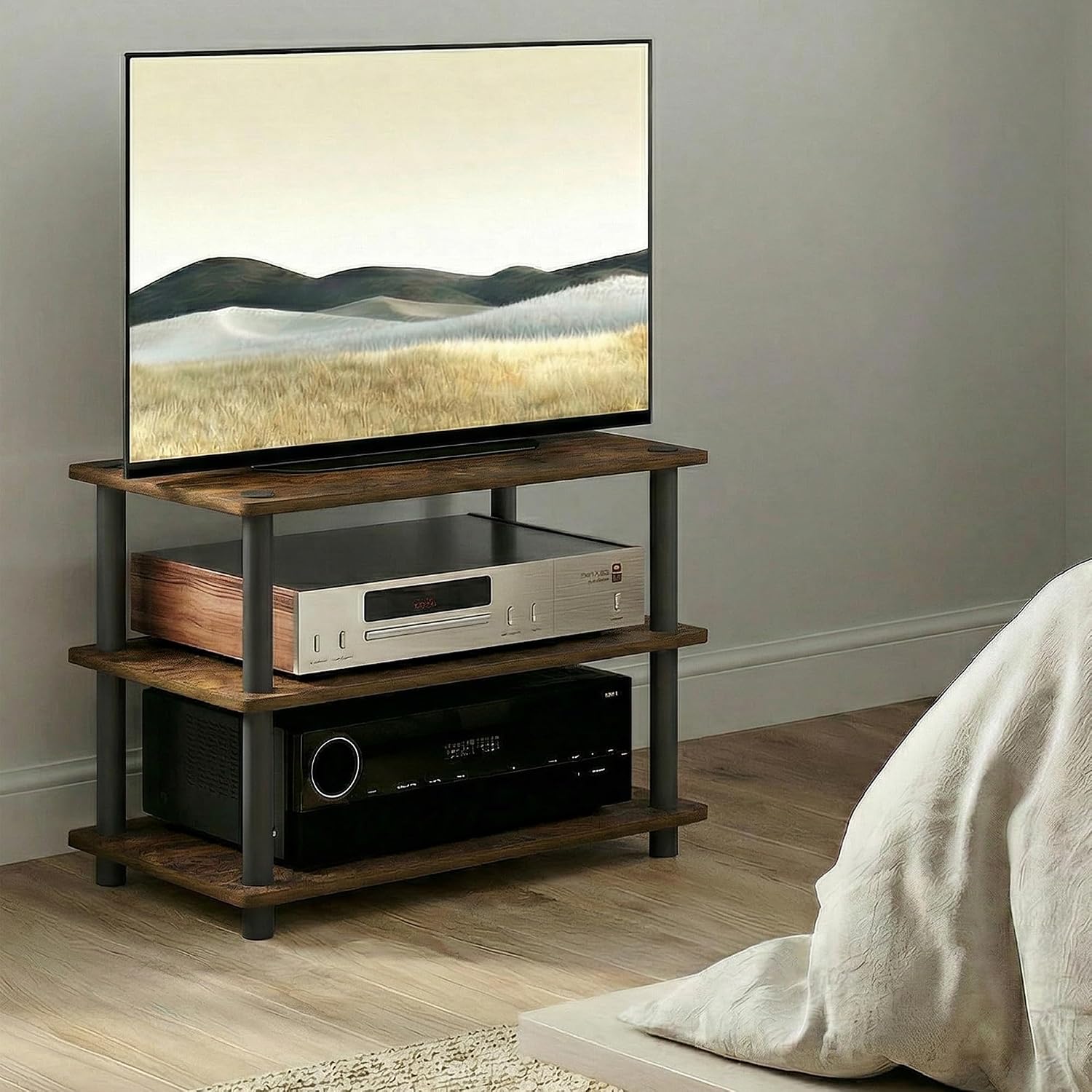 Furinno Turn-N-Tube TV Riser Stand, 2-Tier Small Elevated No Tools TV Stand, TV Console for TV up to 32 inch, 15.8 x 23.8 x 11, for Living Room, Bedroom, French Oak/Black