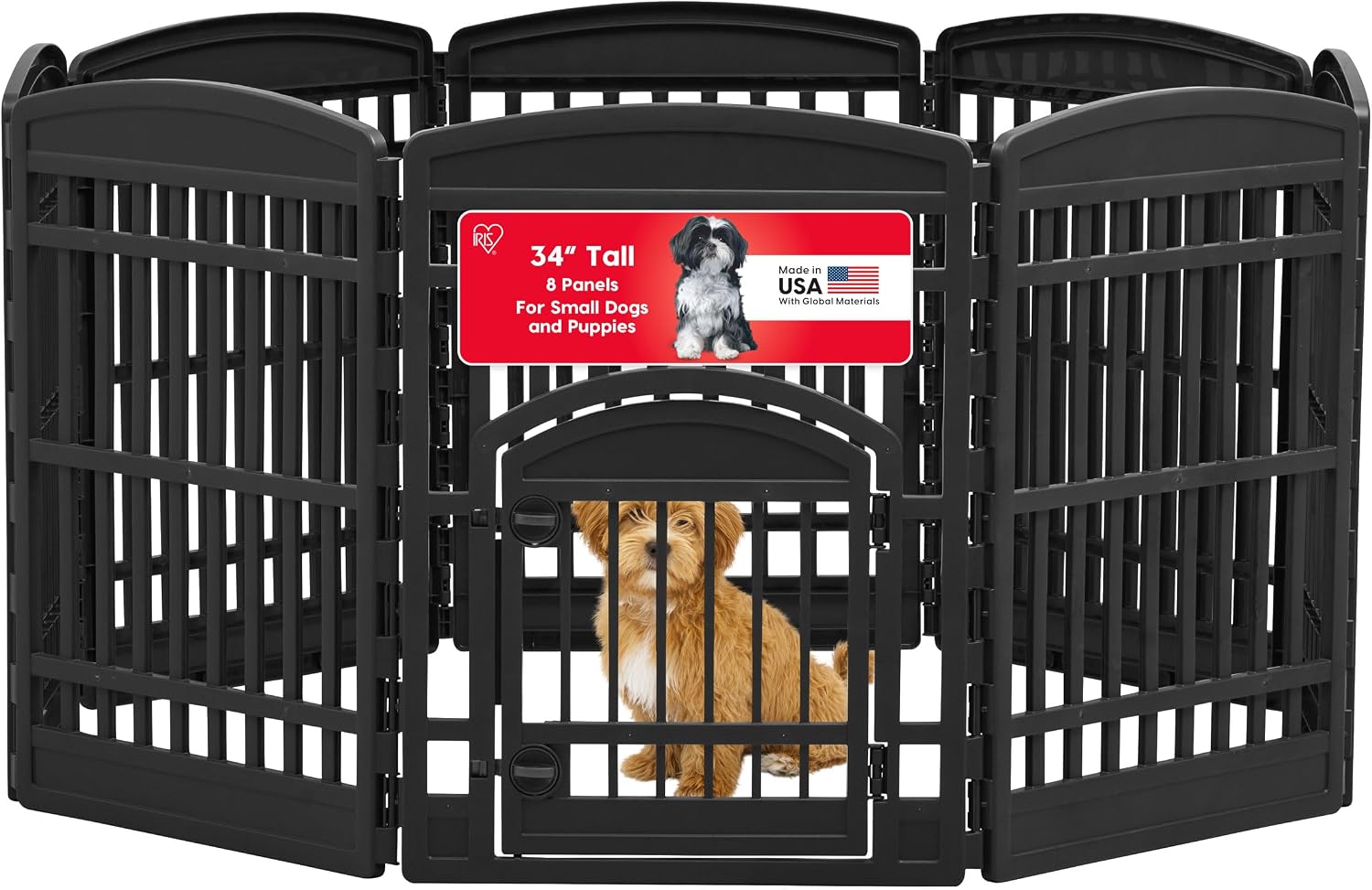 IRIS USA 4-Panel Dog Playpen, Pet Enclosure, Black | Pet Containment, Configurable Layout, Multi-Shape Setup, Custom Pen Configuration, Stable Non-Tip Base, Tool-Free Assembly
