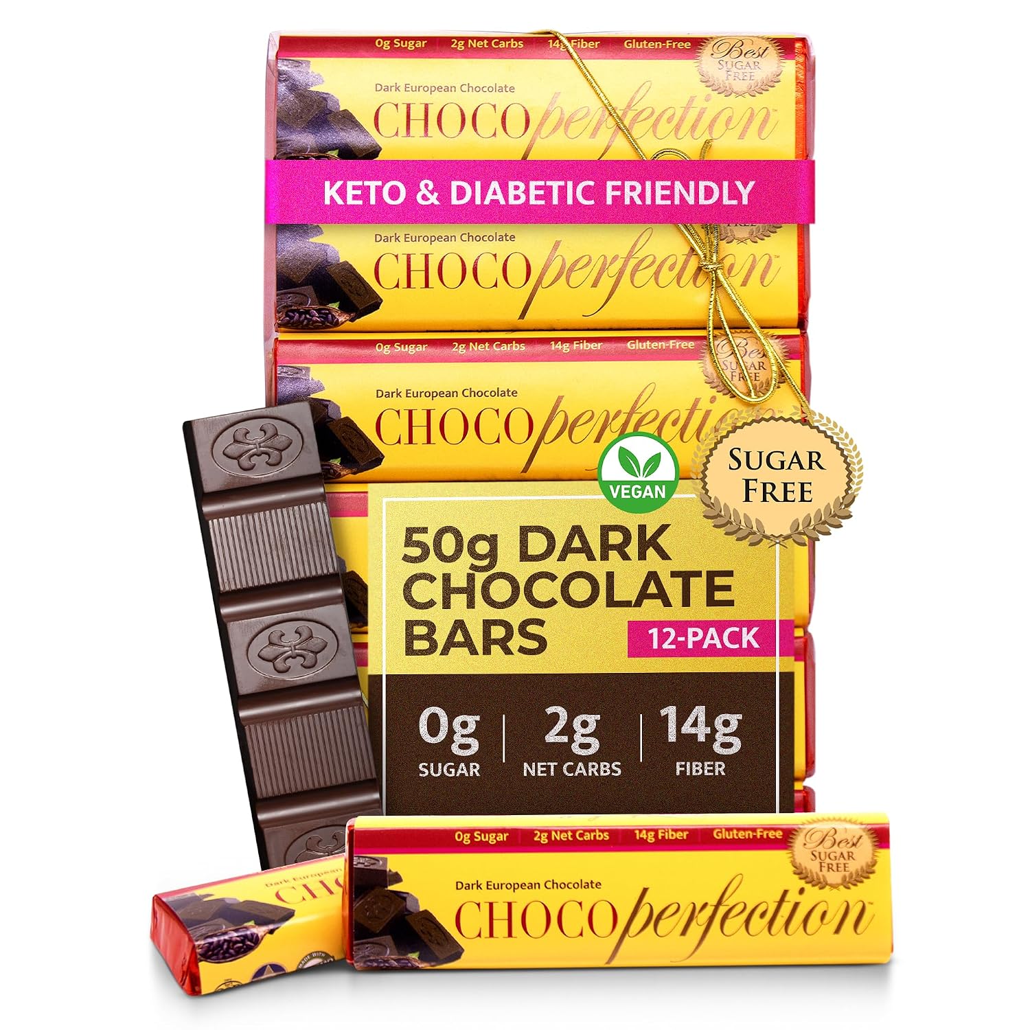 ChocoPerfection Dark Chocolate Bars - No Sugar Low Carb Snack - 12 Pack 50G
