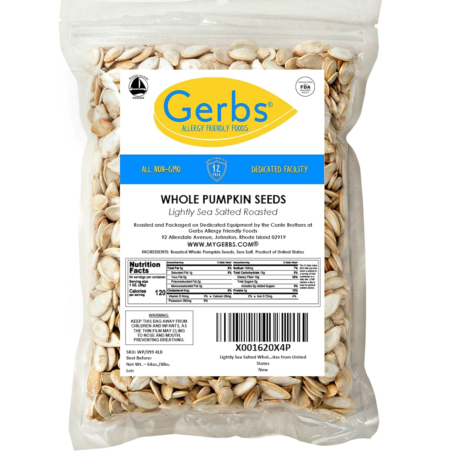 Gerbs Raw Whole Pumpkin Seeds 2 lbs. | In-Shell, 10.5 mm Size, Resealable Bag | Mildly Nutty & Crunchy | Top 14 Allergen-Free