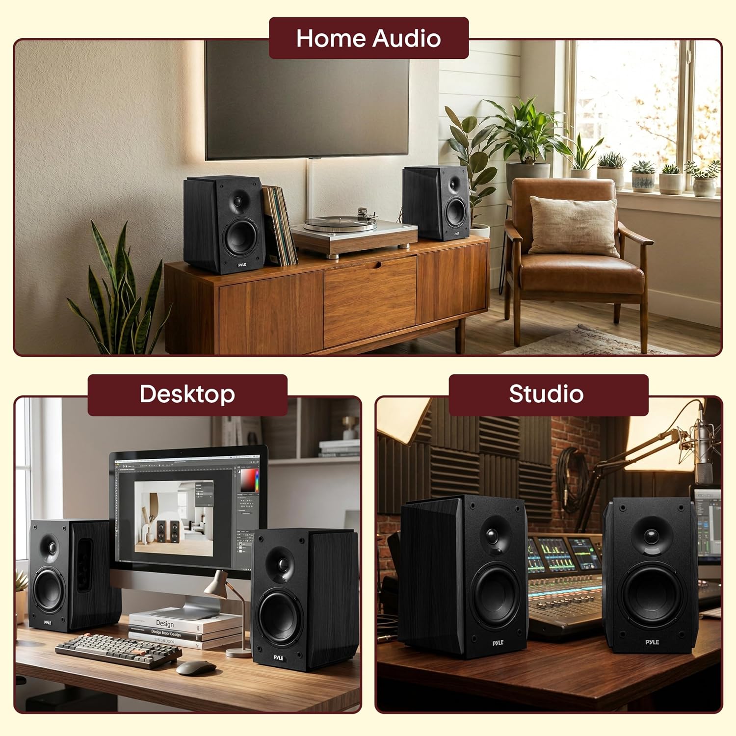 Pyle Powered Bookshelf Speaker System with Bluetooth, 80W Active Stereo Speakers, Bass Reflex Natural Wood Cabinet, Hi Def ARC, Optical, Coax, Subwoofer Out, for Entertainment, Studio (Pair)