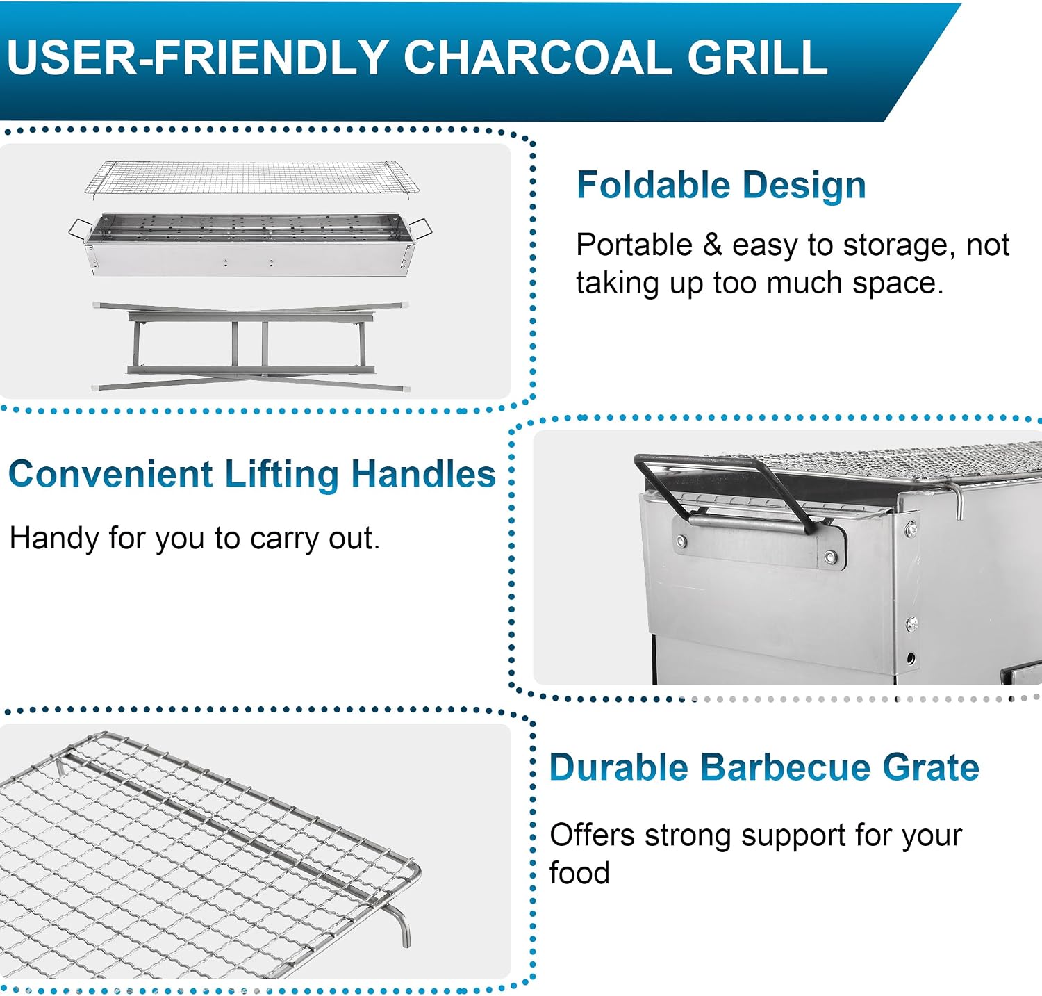 IRONWALLS Portable Charcoal Grills Outdoor with Stand 32"(L) x8"(W) x32"(H) | Stainless Steel Foldable Barbecue Grill Stand Charcoal
