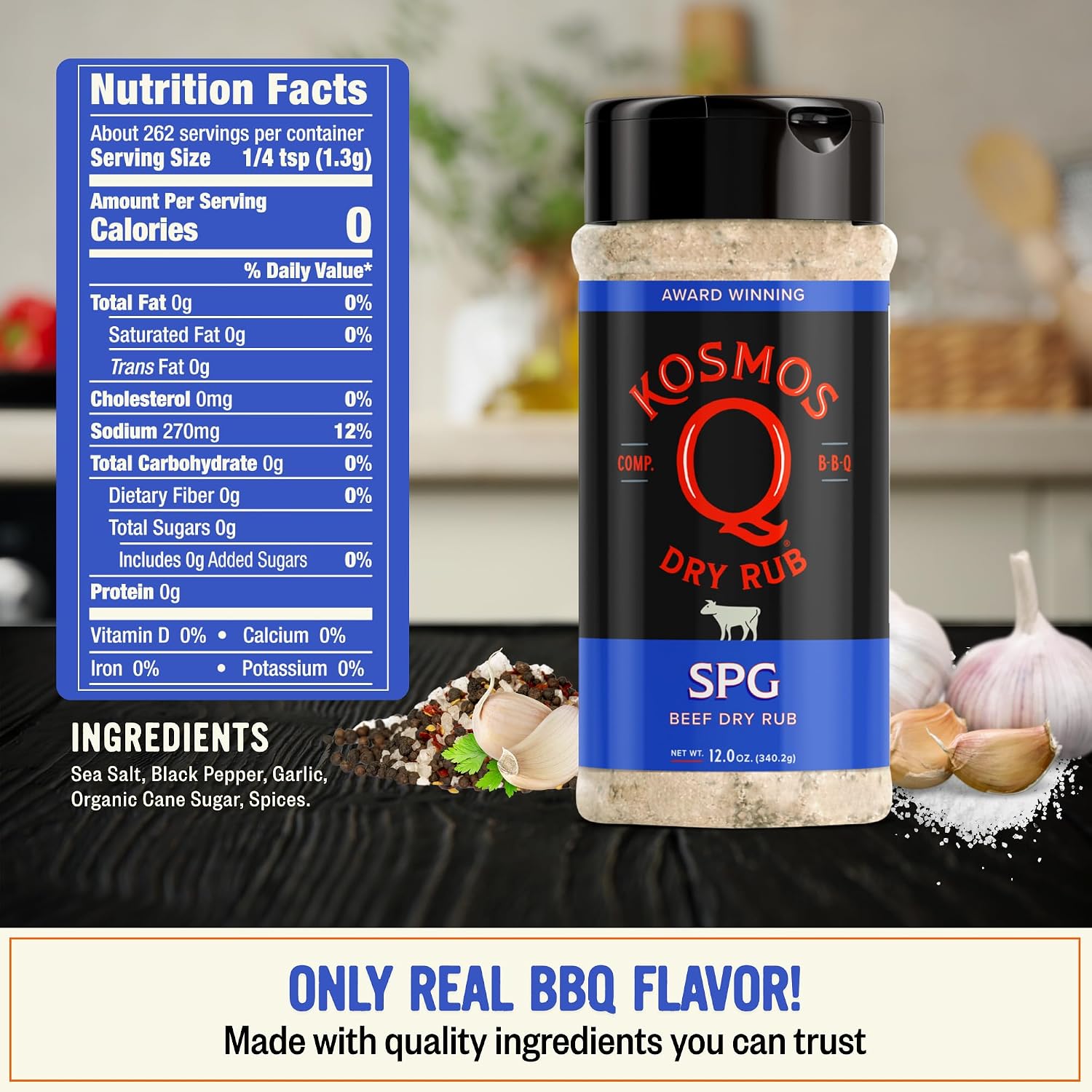 Kosmos Q SPG BBQ Dry Rub, Bold Salt Pepper Garlic Blend with Organic Cane Sugar, BBQ Seasoning for Brisket, Chicken, Steak, Ribs, Pork