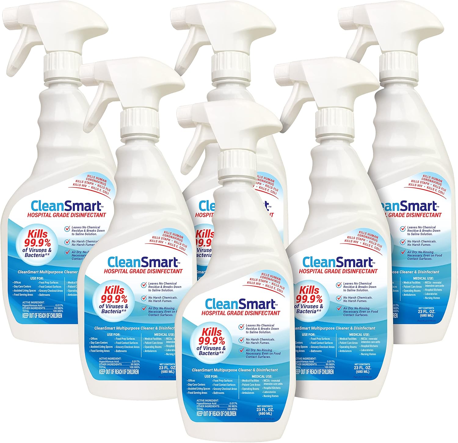 CleanSmart Hospital Disinfectant, Hypochlorous Acid, 23 oz (6 pack) | Kills 99.9% of Viruses and Bacteria, EPA Registered