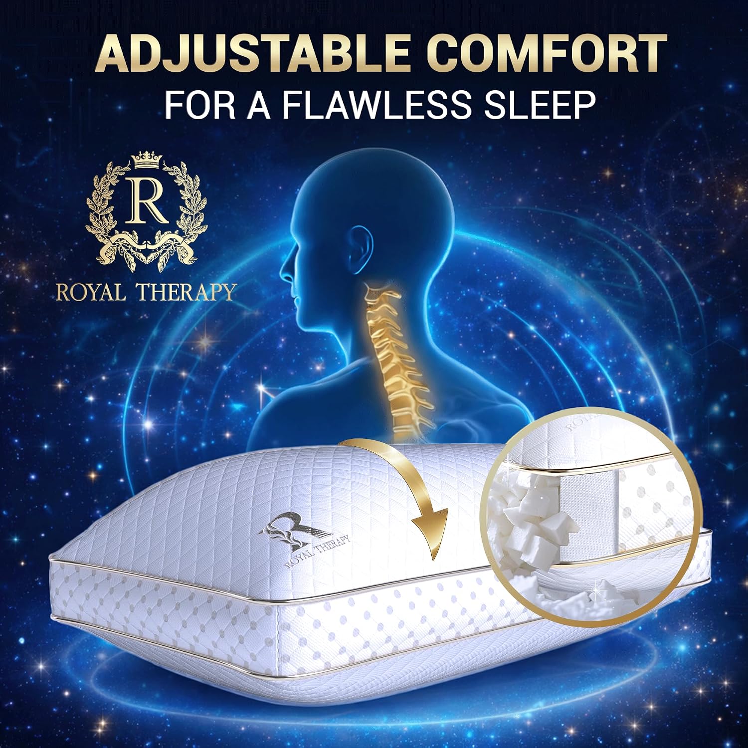 Royal Therapy Queen Size Set of 2-Shredded Memory Foam Pillow–Adjustable Memory Foam Pillow for Sleeping, Firm Pillow for Neck & Shoulder Support
