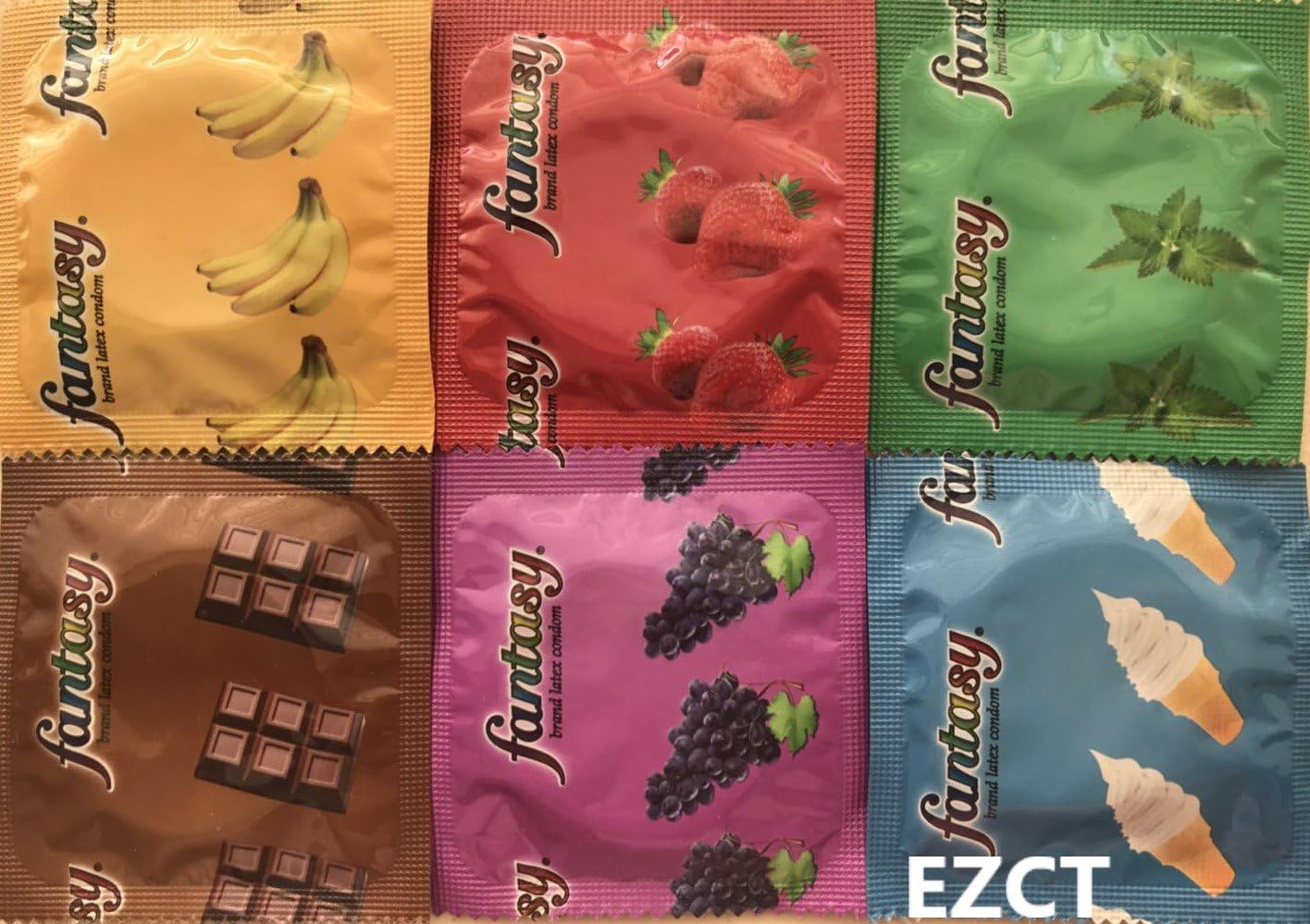 Fantasy Flavored Condoms Pack 12 Condoms : variety of flavors such as VANILLA, STRAWBERRY, MINT, GRAPE, CHOCOLATE