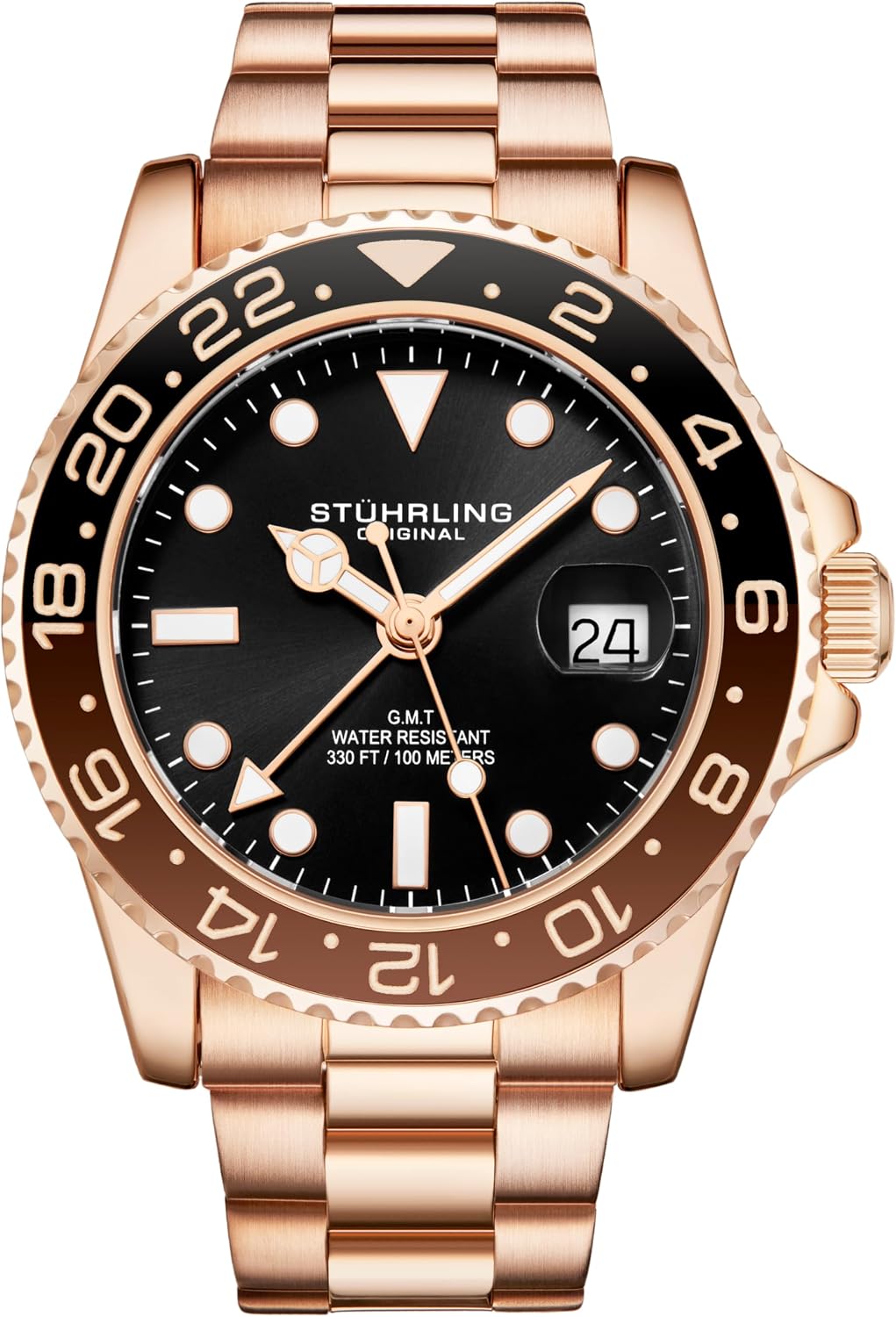 Stuhrling Original Men's Stainless Steel GMT Watch Quartz - 42mm Quartz Analog Wrist Watch for Men, Mens Quartz Watch, Stainless Steel Case