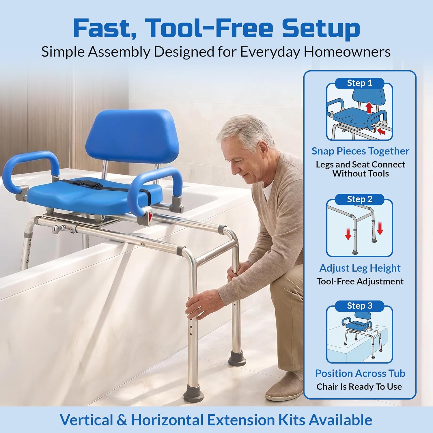 Carousel Sliding Shower Chair Tub Transfer Bench with Swivel Seat Elderly | Slide Safely In & Out of the Tub - Blue, padded seat, padded armrests, swivel seat, backrest, portable, tool-free assembly