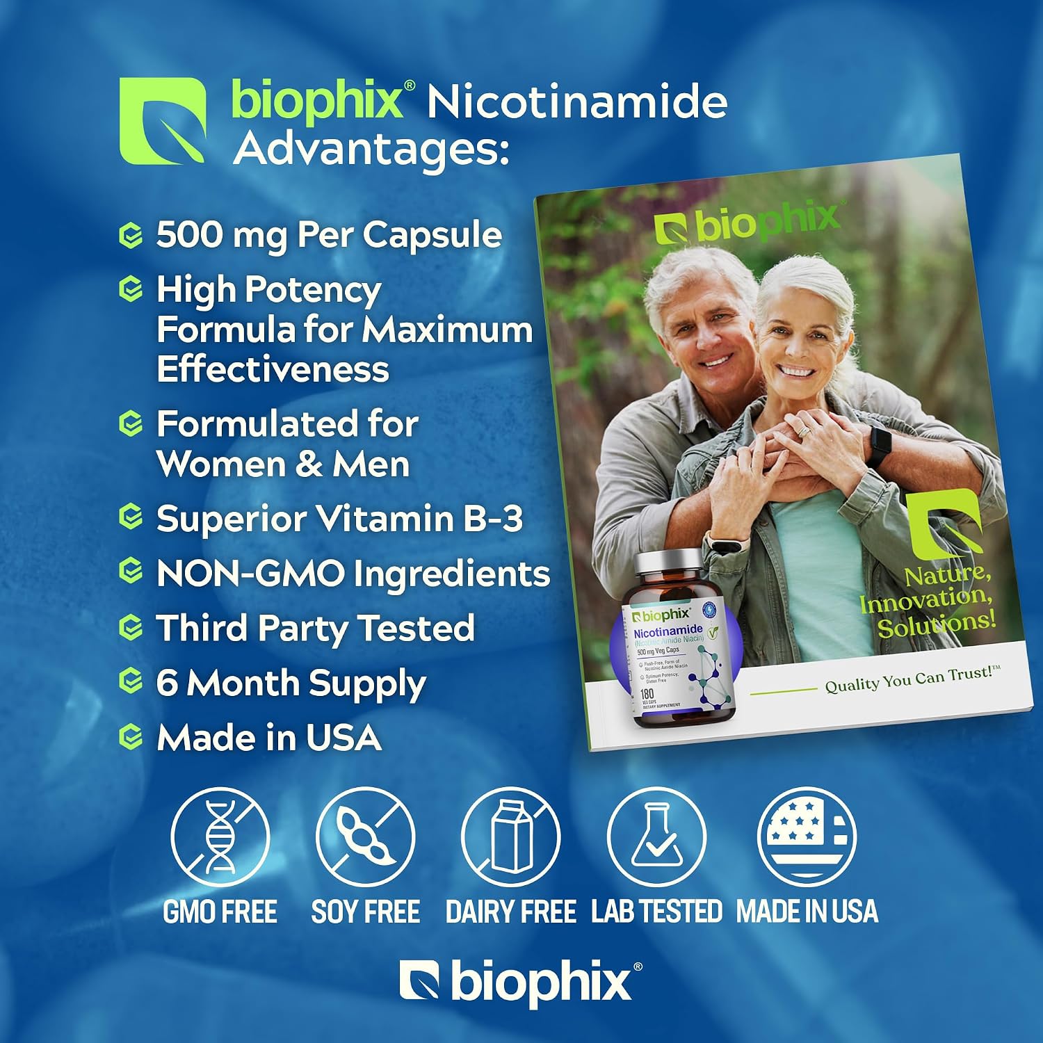 biophix B-3 Nicotinamide 500 mg 180 Vcaps - Nicotinic Amide Niacin Natural Flush-Free Vitamin Formula - Supports Skin Cell Health