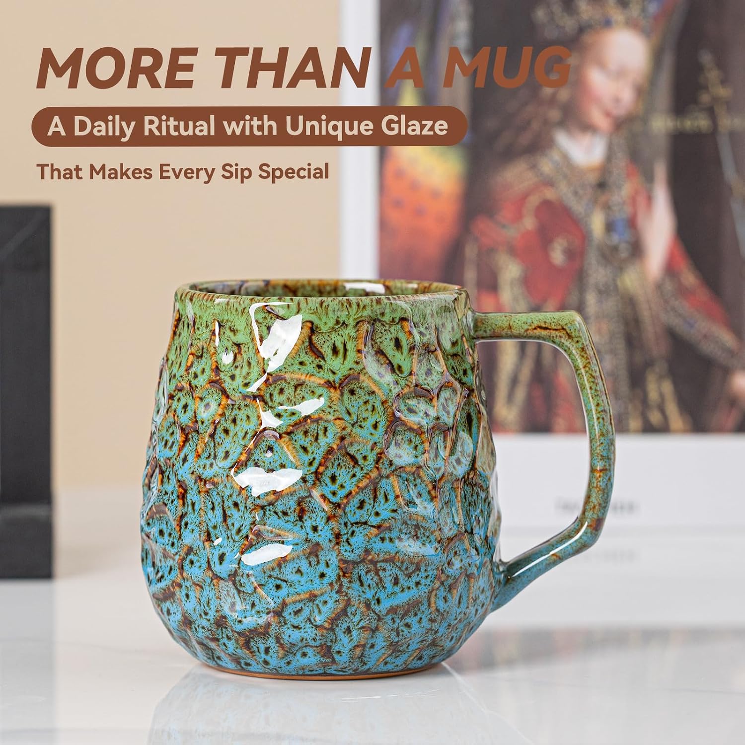 18oz Unique Kiln-Change Ceramic Coffee Mug, Handcrafted Hammered Texture Ceramic Mug with Ergonomic Handle, Microwave & Dishwasher Safe