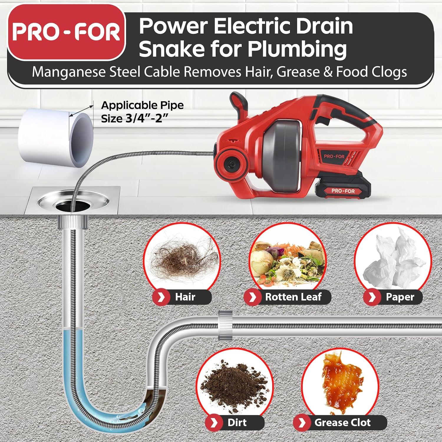 20V Cordless Electric Drain Auger, 25Ft Auto-Feed Drain Snake, Replaceable Cable, 2.0Ah Battery & Charger, LED Light, Clog Remover for Sink, Shower