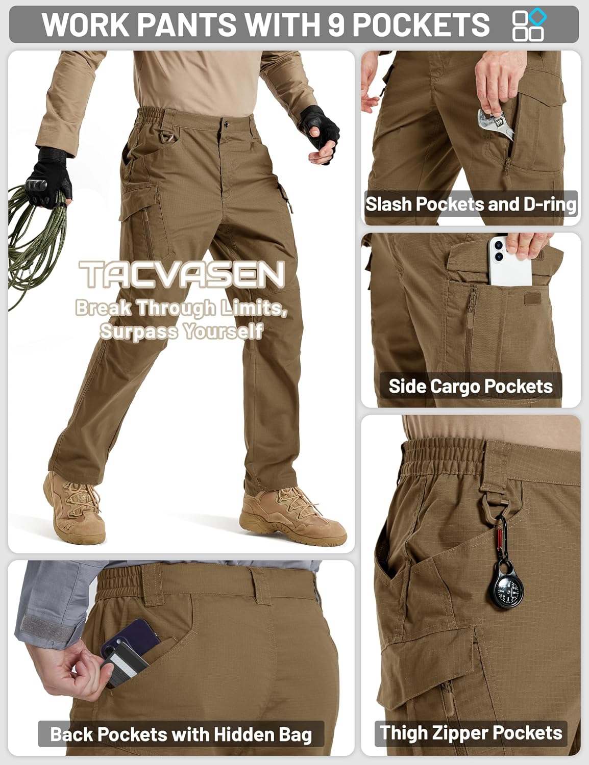TACVASEN Men's Tactical Pants Waterproof Hiking Work Pants for Men Construction Stretch Cargo Trousers 9 Pockets