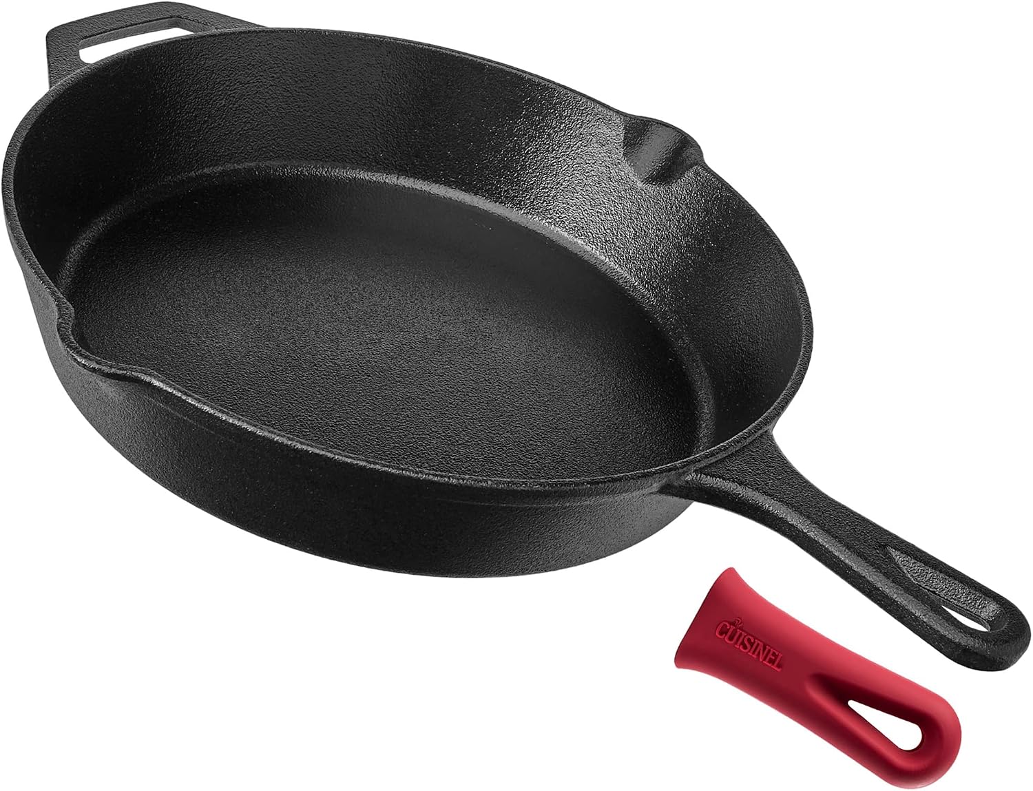 Cast Iron Skillet - 10"-Inch Frying Pan with Pour Spouts + Pan Scraper + Silicone Grip Handle Cover Holder - Pre-Seasoned Oven Cookware - Indoor/Outdoor Use - Stovetop, Induction. PFAS and PFOA-free