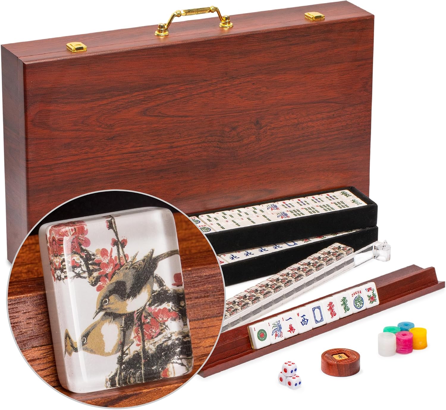 Yellow Mountain Imports American Mahjong Set, Little Birdie with Wooden Case, Wooden Racks with Acrylic Pushers, Wright Patterson Scoring Coins, Dice, & Wind Indicator