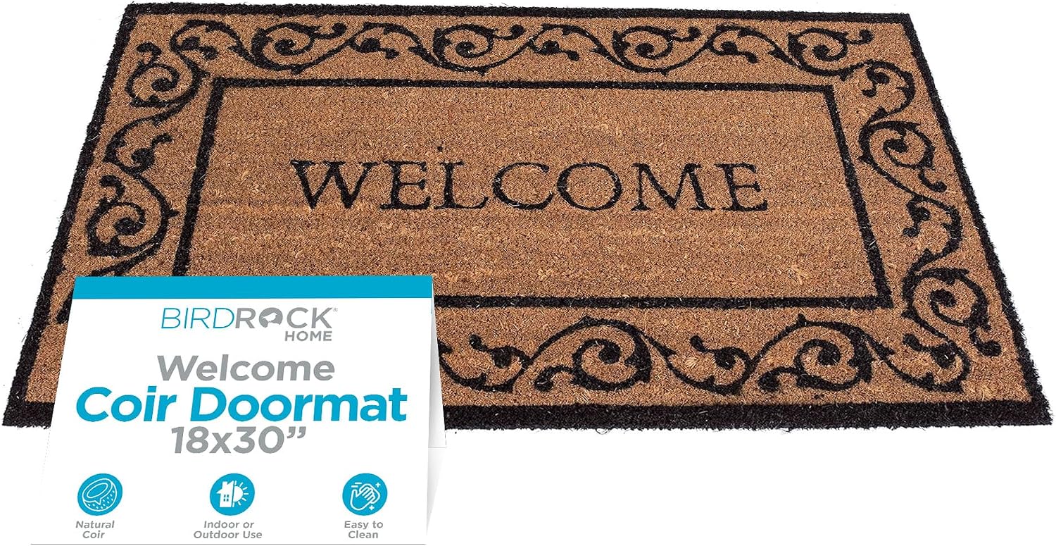 BIRDROCK HOME Welcome Coir Doormat with Scroll Border | 18 x 30 Inch | Standard Welcome Mat with Black Decorative Border | Natural Fade | Vinyl