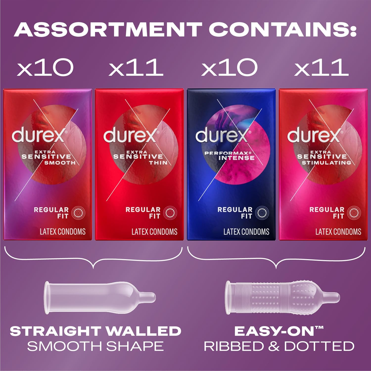 Durex Pleasure Pack Assorted Thin Condoms, Exciting Mix of Sensation and Stimulation, Lubricated Natural Rubber Latex Condoms for Men, 42 Count