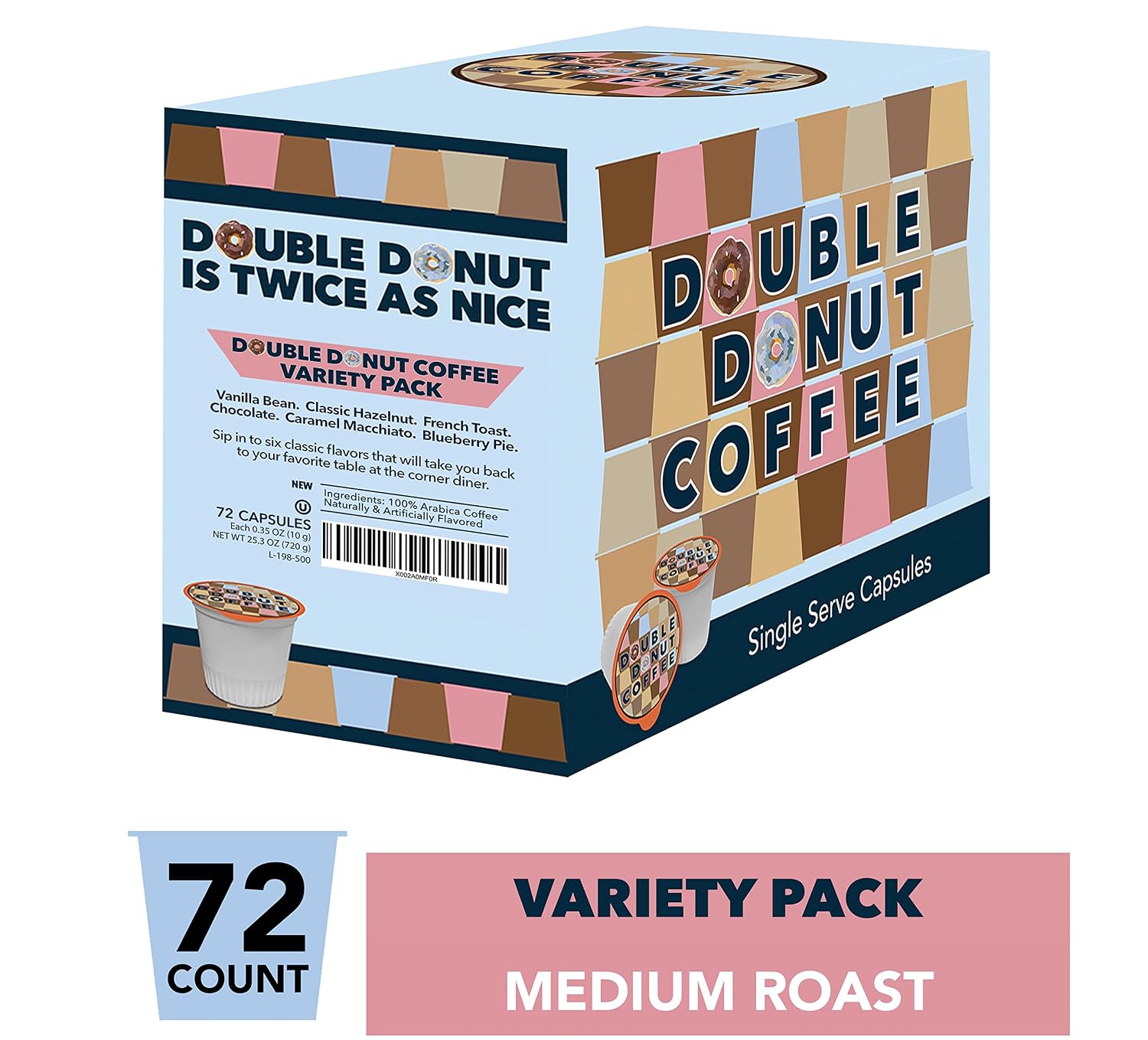 Double Donut Coffee Double Donut Medium Roast Decaf Coffee Pods, Classic, for Keurig K-Cup Machines, 24 Single-Serve Capsules per Box