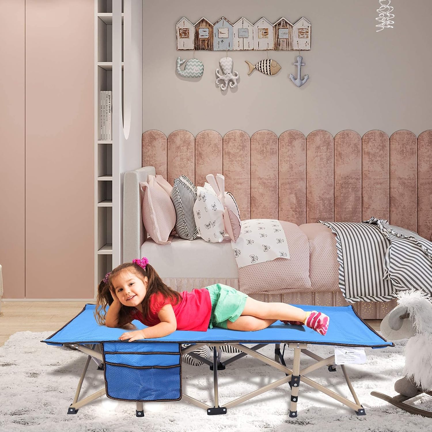 REDCAMP Extra Long Kids Cot for Camping 2-7 Years, Portable Travel Toddler Cot Bed with Carry Bag, Lightweight for Outdoor Indoor Home, Blue 53''x26''