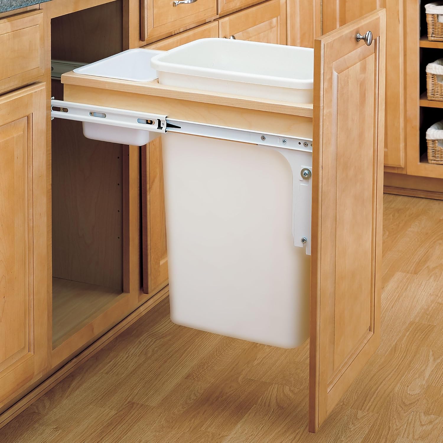 Rev-A-Shelf 35 Qt Top Mount Double Pullout Under Cabinet Kitchen Trash Cans for Base Cabinets, 150 Pound Rated Full-Extension Slides, Min Opening Width of 14.5", White, 4WCTM-18DM2-175
