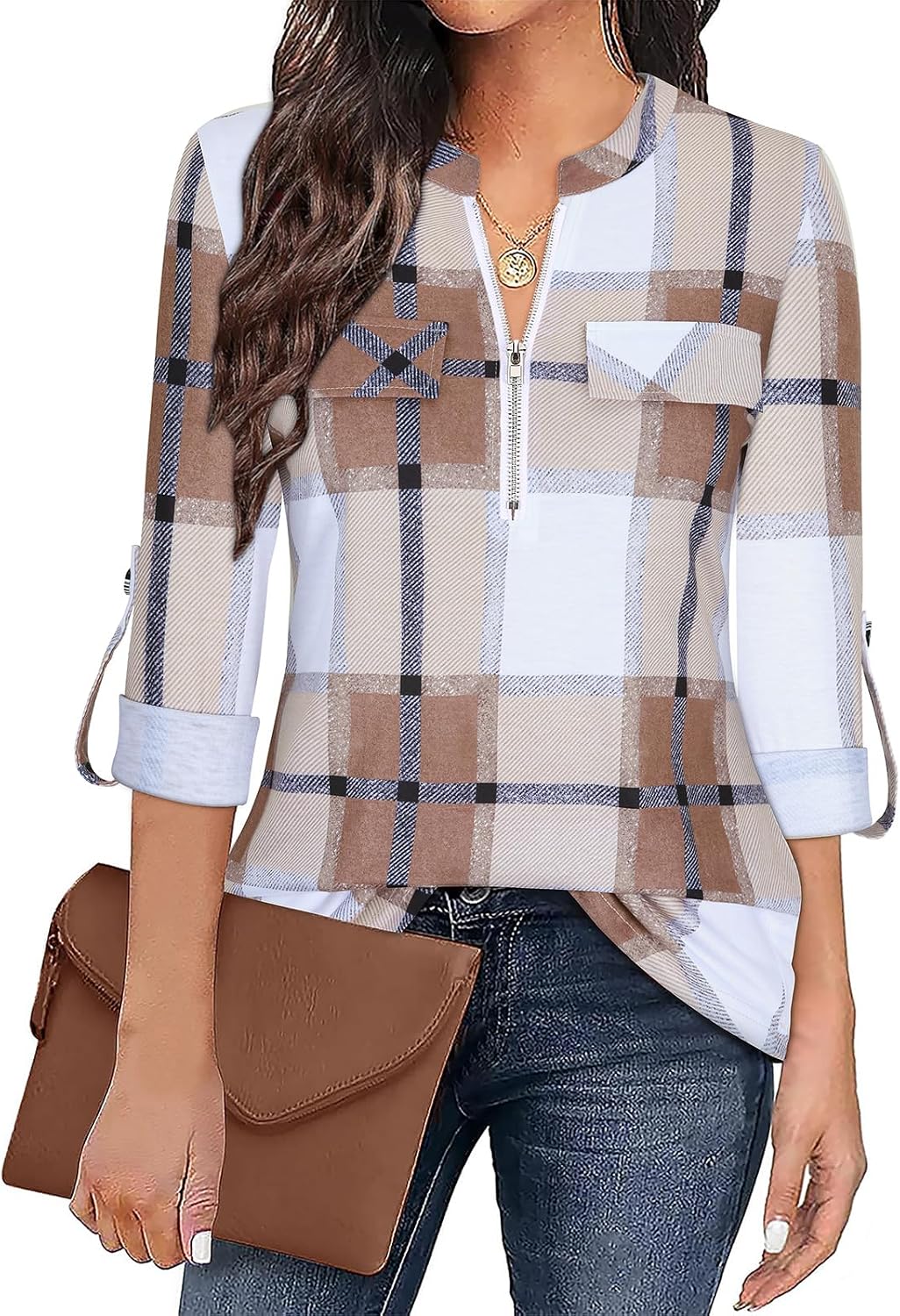 Tanst Sky Womens Casual Long Sleeve Zipped V Neck Plaid Tunic Blouses