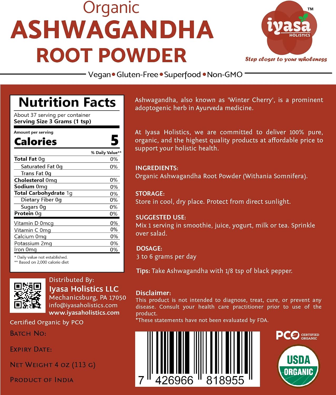 Iyasa Holistics Organic and Gluten Free Ashwagandha Powder, Resealable Pouch of 4 oz/ 113 g
